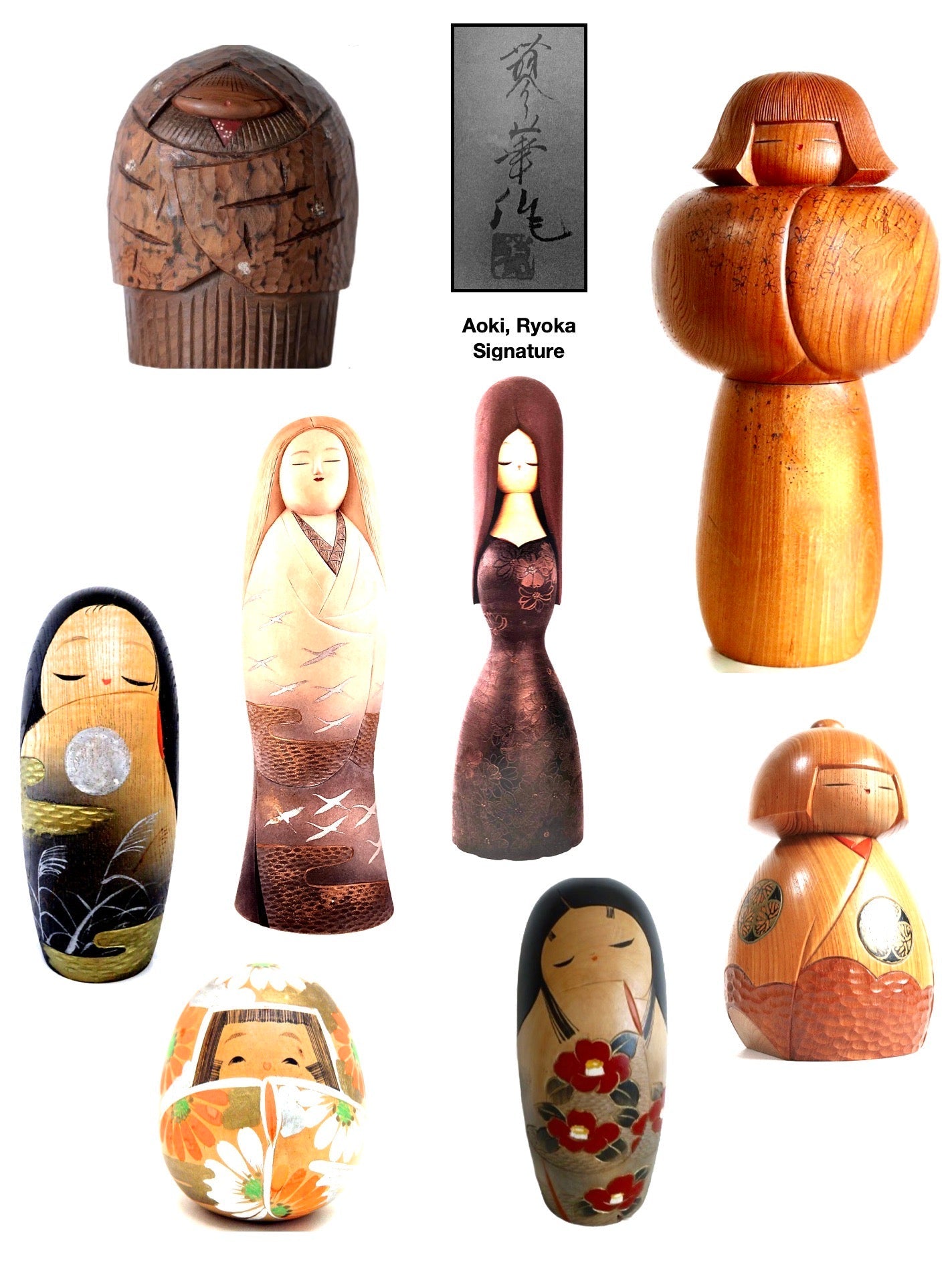 Vintage Soskau Kokeshi Dolls by woodworker Aoki Ryoka