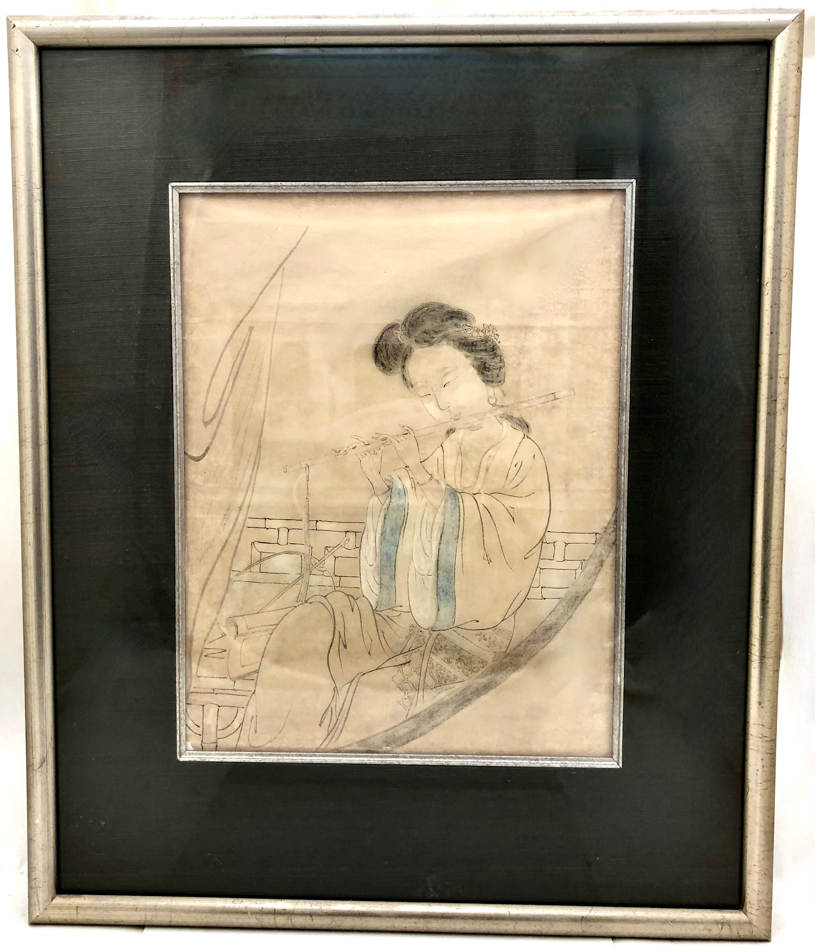 Antique Chinese Ink and Wash Painting of Chinese Girl Playing Flute (Dizi)