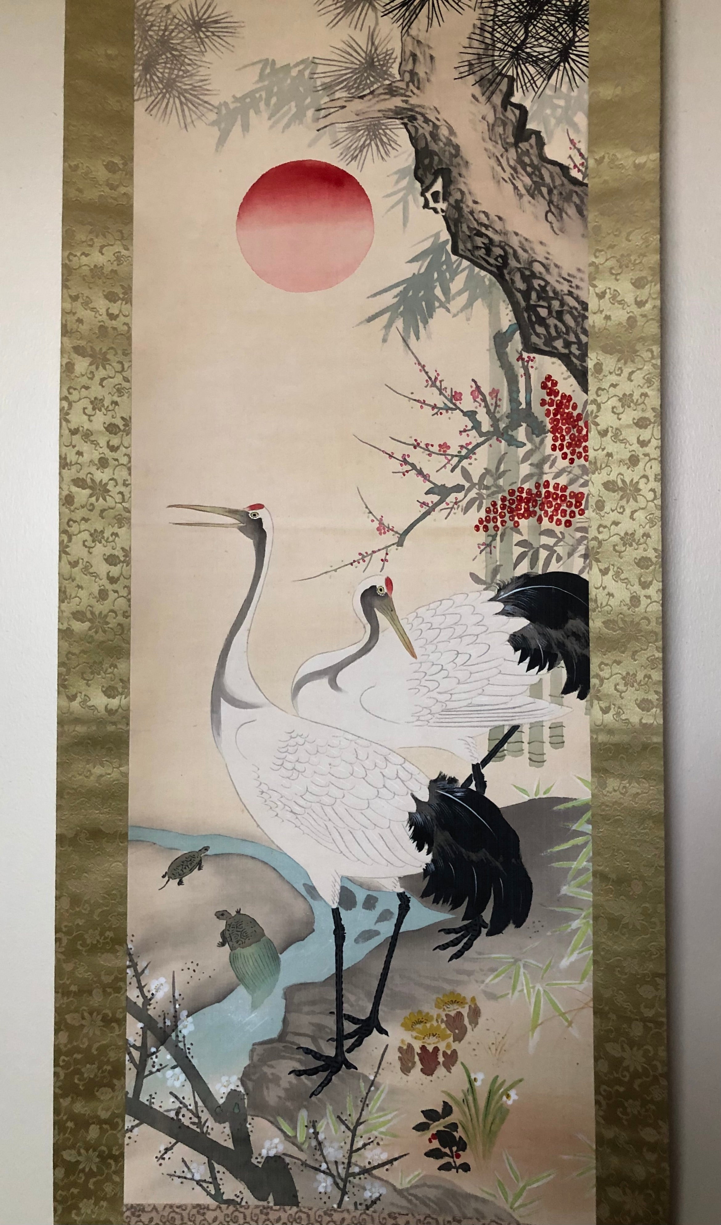 Antique Japanese Kakejiku: “Tsuru Kame | Crane and Turtle” by Nadafune Ono