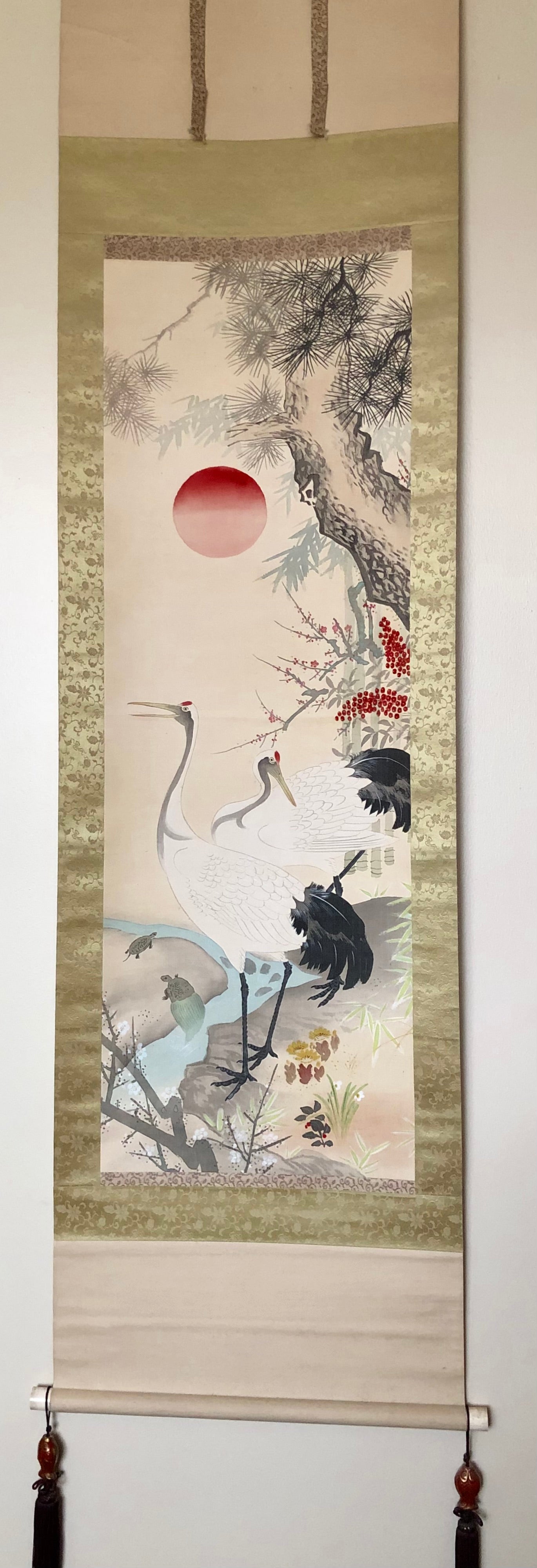 Antique Japanese Kakejiku: “Tsuru Kame | Crane and Turtle” by Nadafune Ono