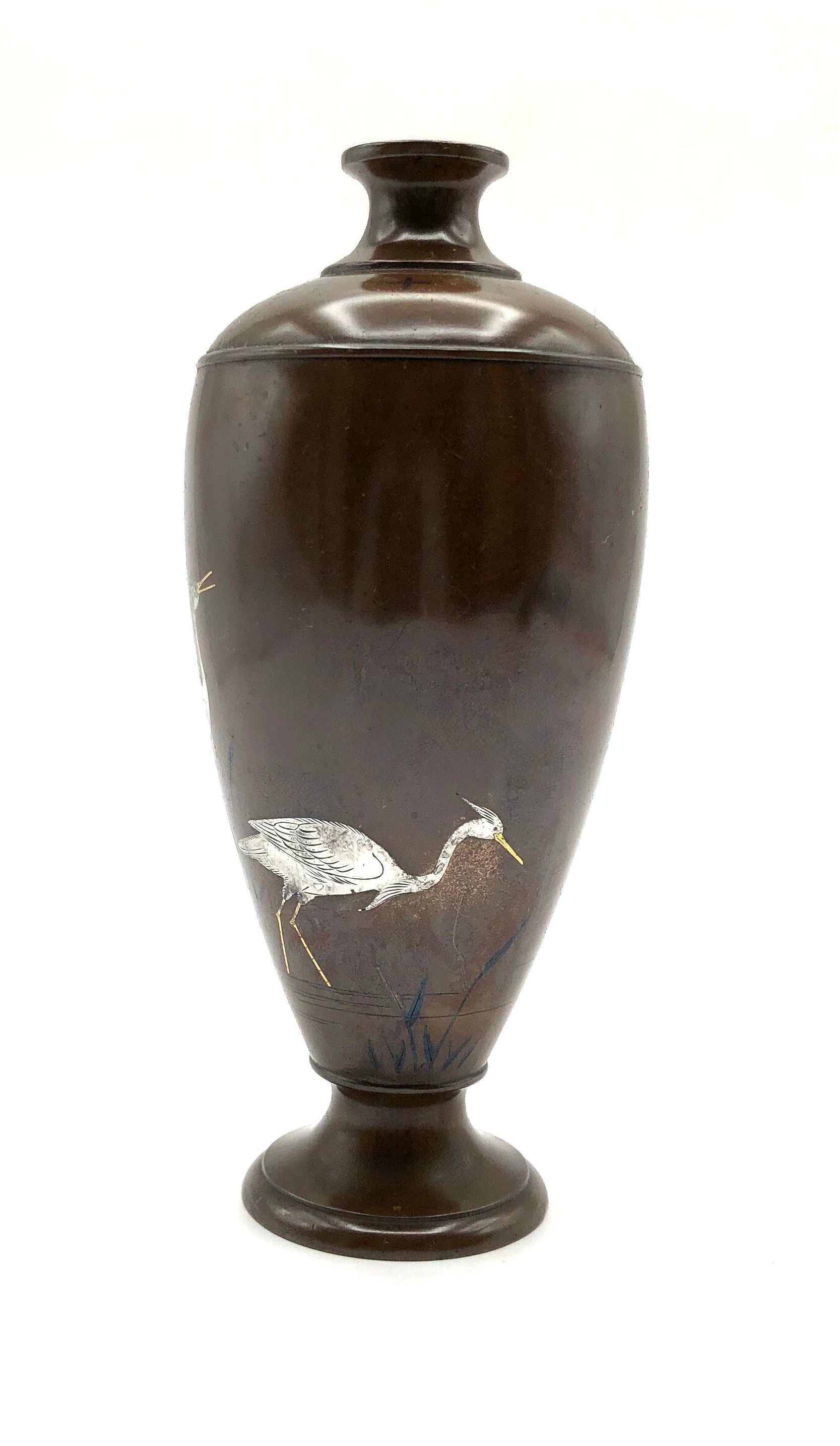 Pair of Antique Japanese Inlaid Bronze Baluster Vase with Snowy Egret Decoration in gold and silver