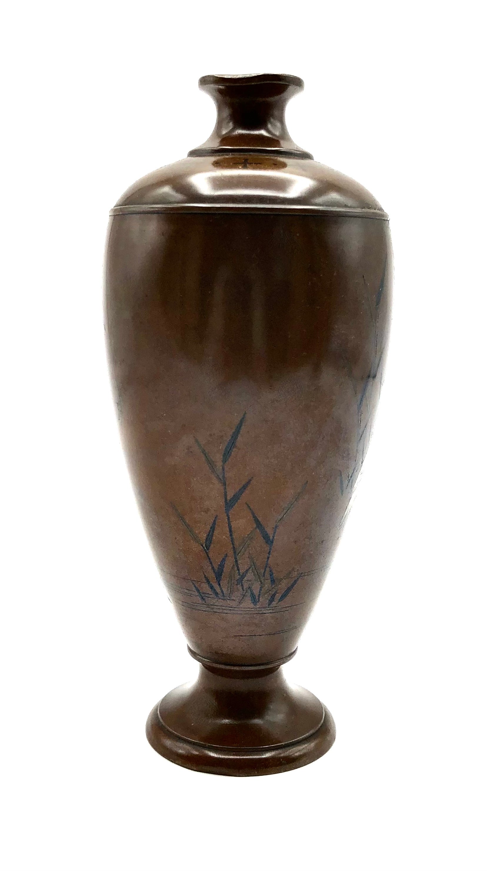 Pair of Antique Japanese Inlaid Bronze Baluster Vase with Snowy Egret Decoration in gold and silver