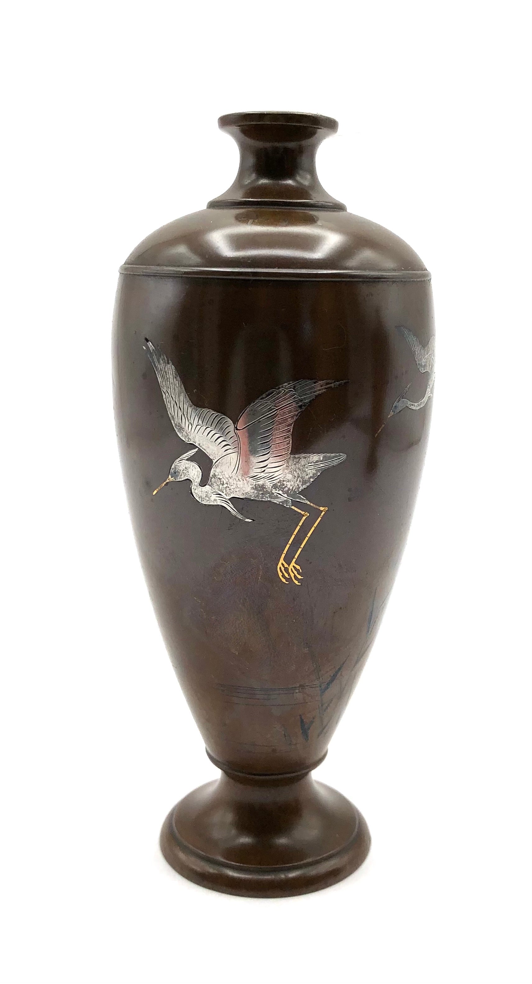 Pair of Antique Japanese Inlaid Bronze Baluster Vase with Snowy Egret Decoration in gold and silver