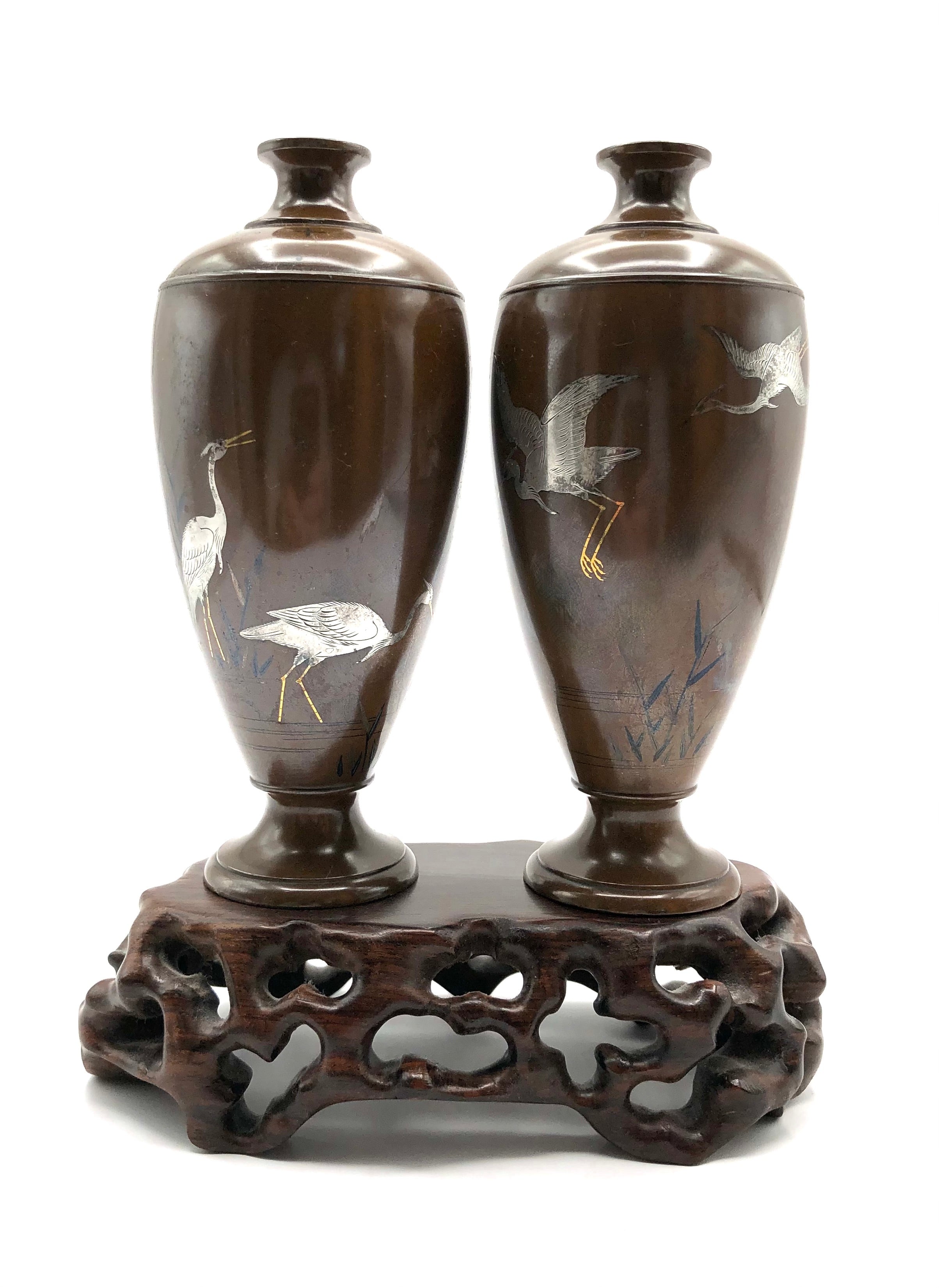 Pair of Antique Japanese Inlaid Bronze Baluster Vase with Snowy Egret Decoration in gold and silver