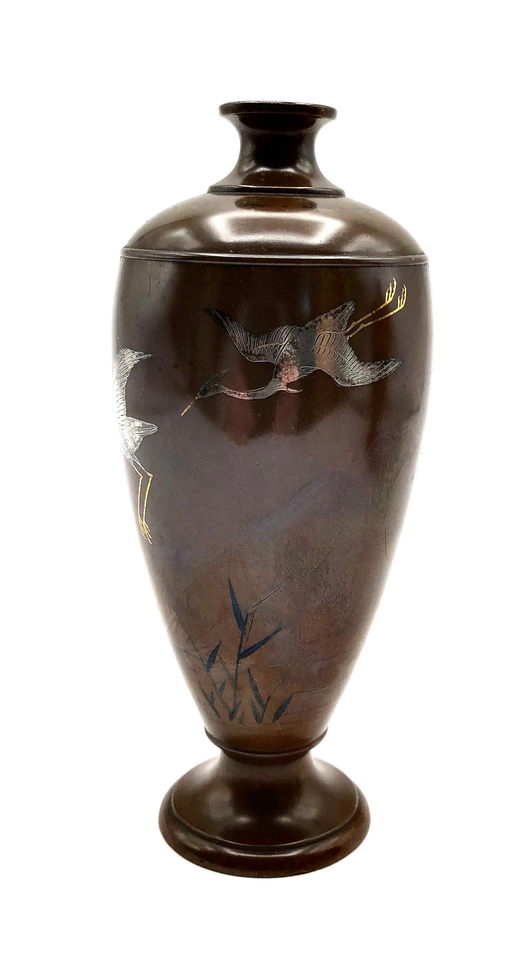 Pair of Antique Japanese Inlaid Bronze Baluster Vase with Snowy Egret Decoration in gold and silver