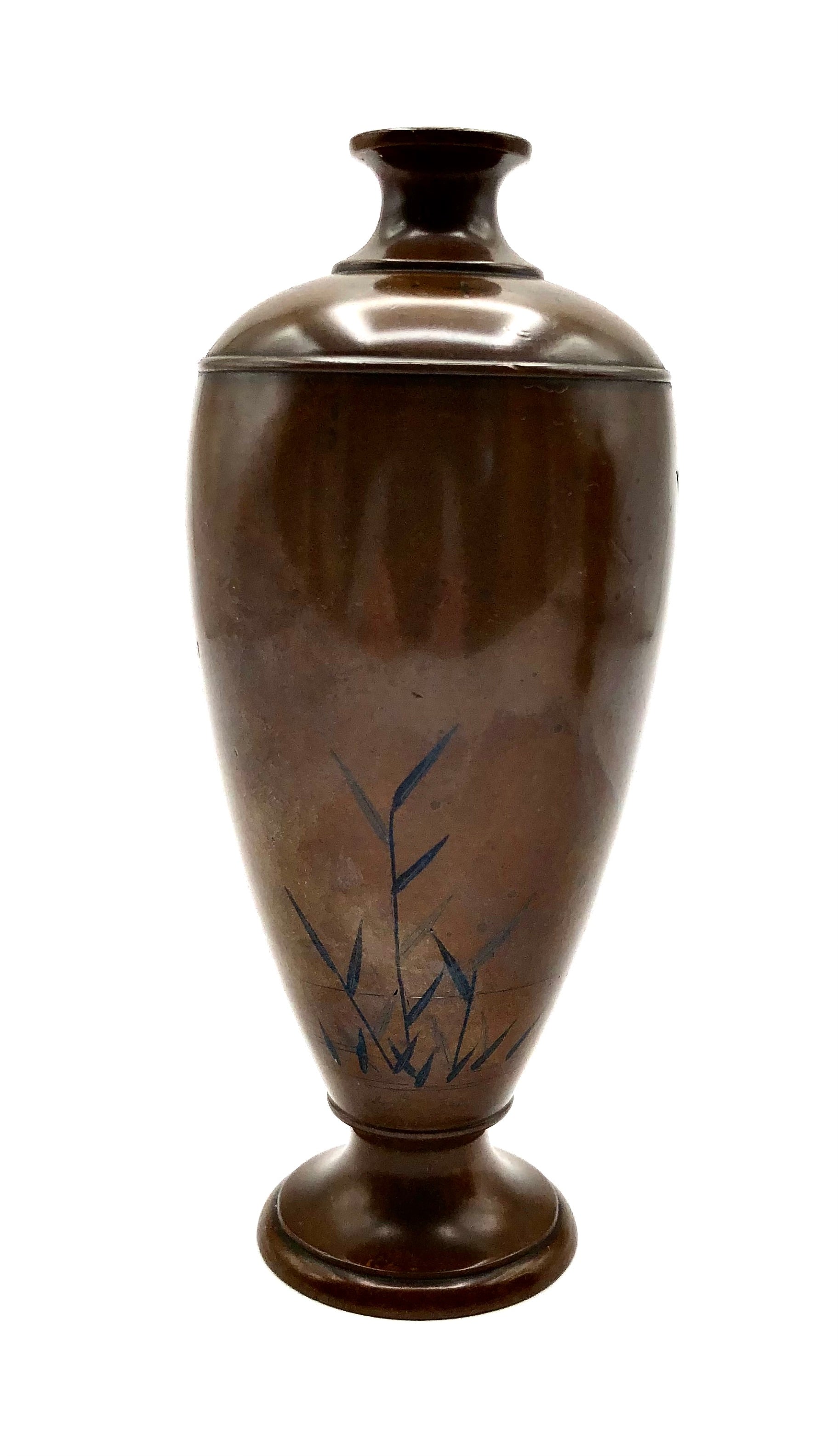 Pair of Antique Japanese Inlaid Bronze Baluster Vase with Snowy Egret Decoration in gold and silver