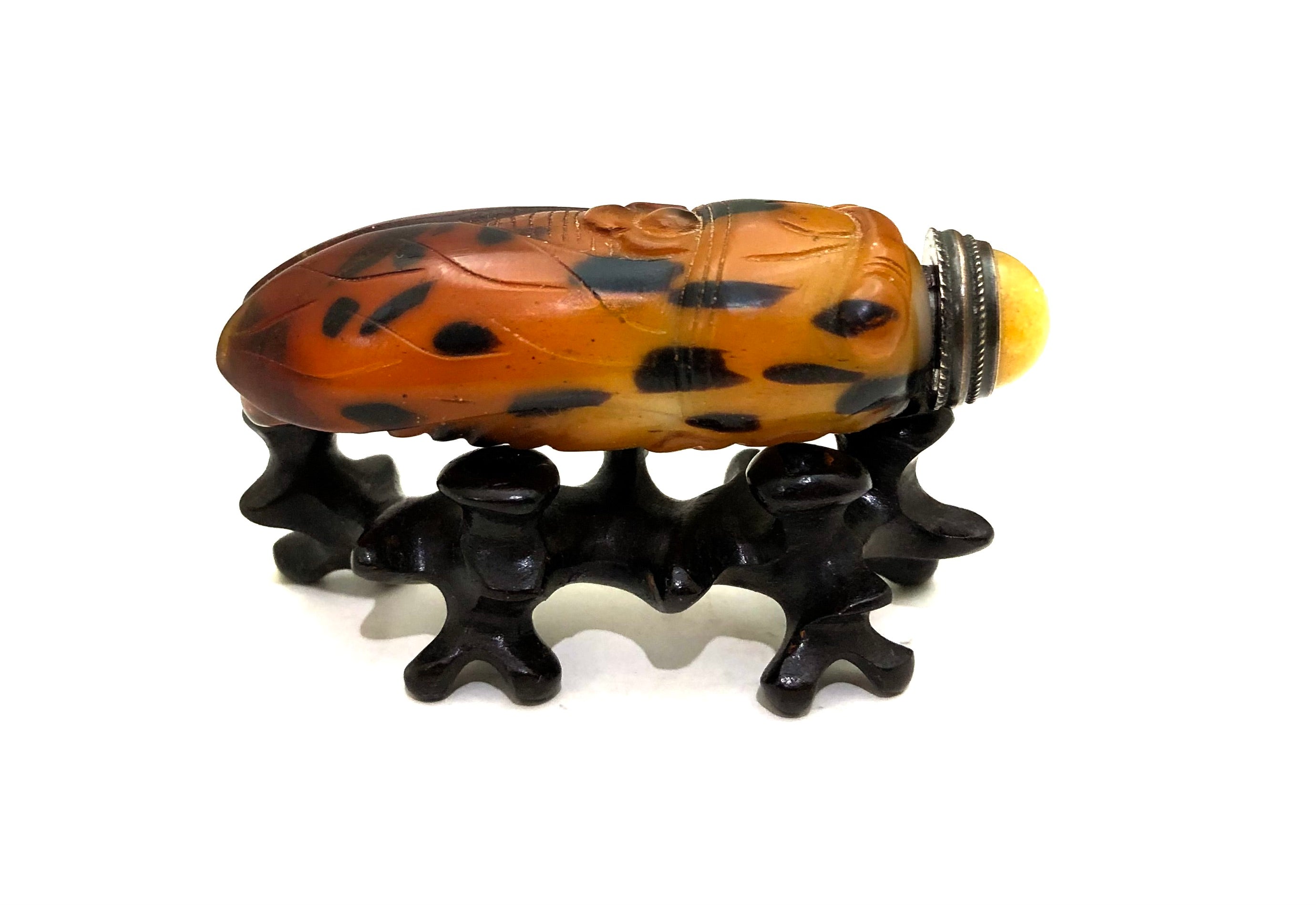 Antique Chinese Peking Glass Snuff Bottle with Carved ‘Cicada’