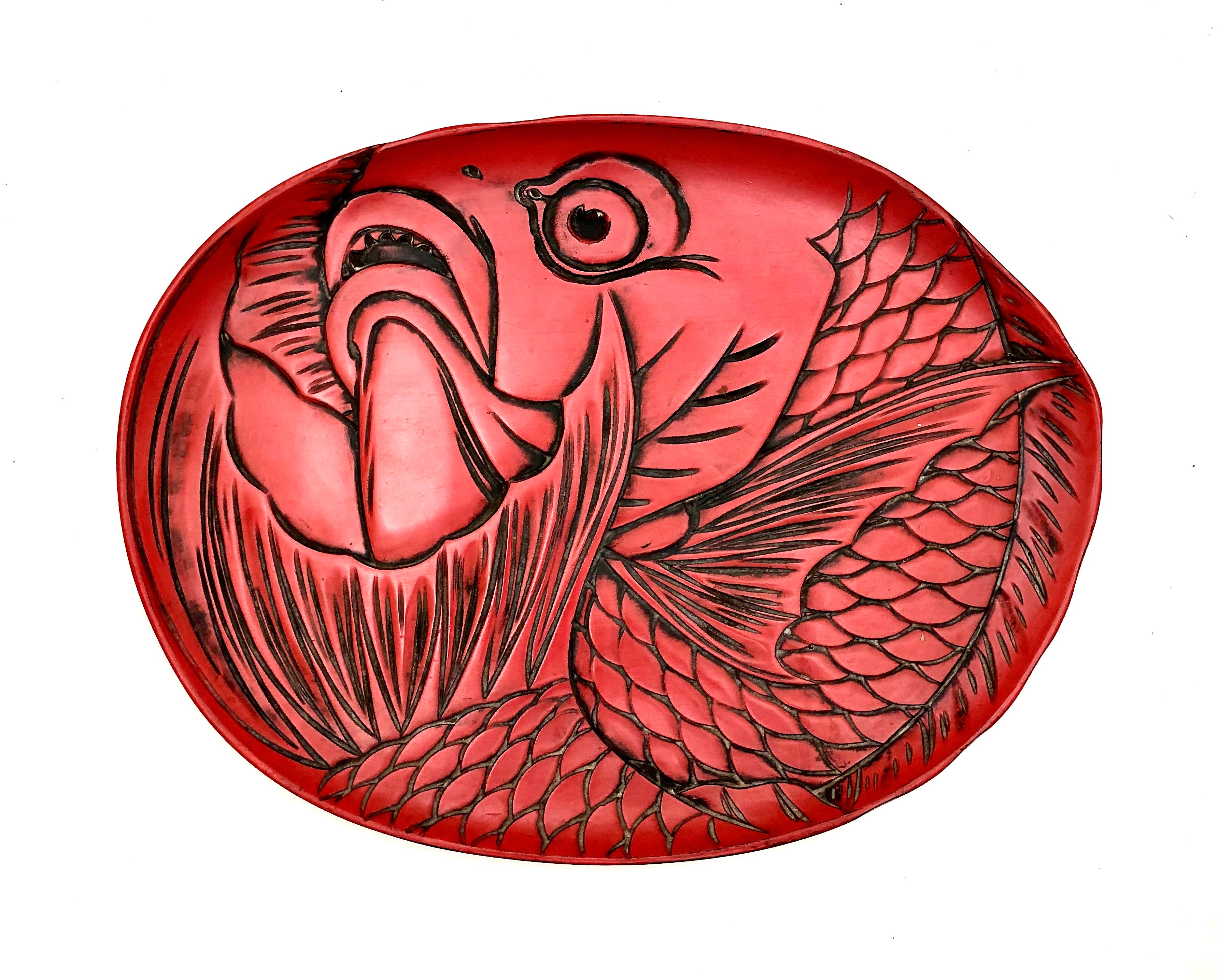 Vintage Japanese Kamakura-bori Serving Tray | Sea Bream (tai) Motif