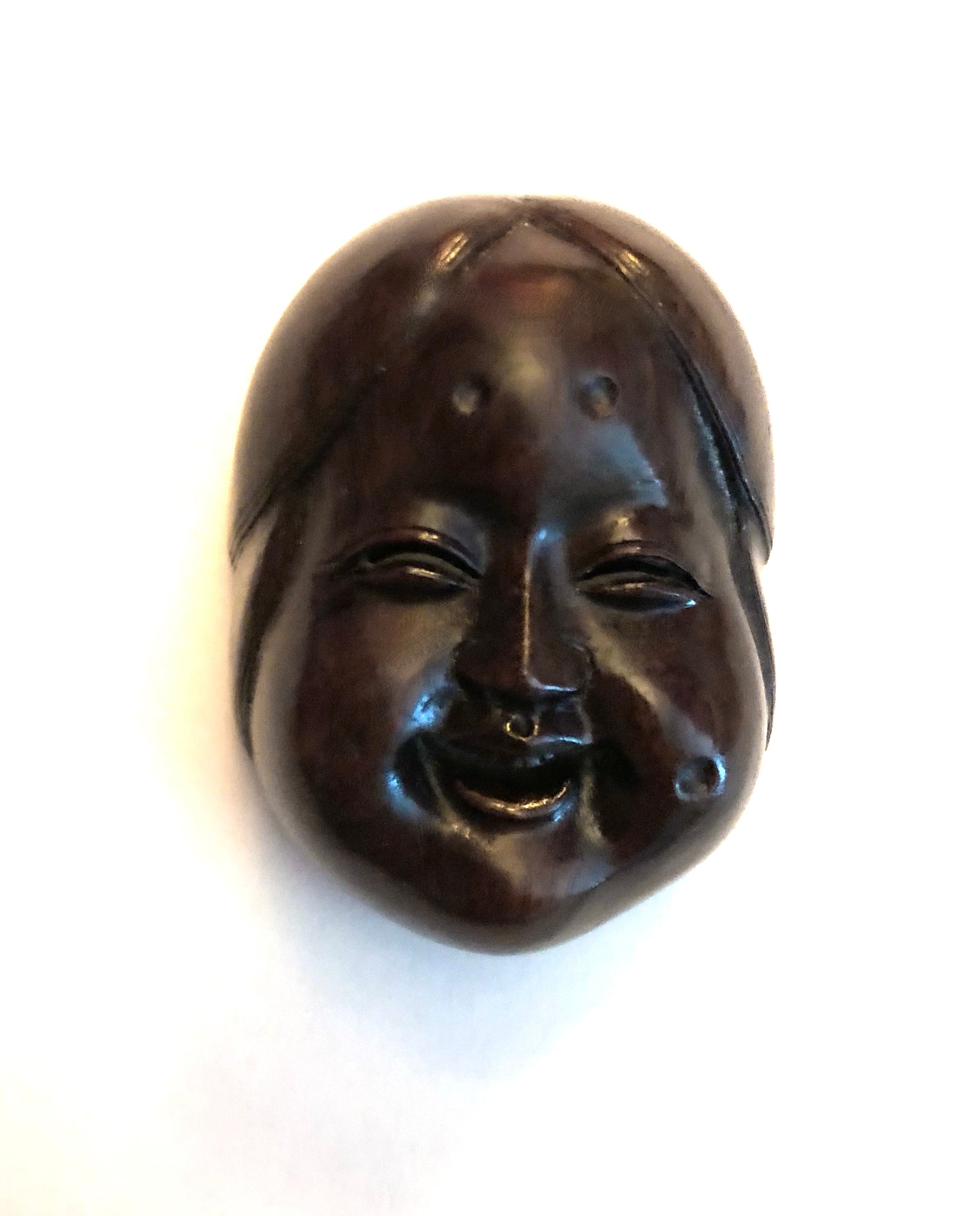 Antique Japanese Meiji Paulownia Wood Mennetsuke Mask of Otafuku