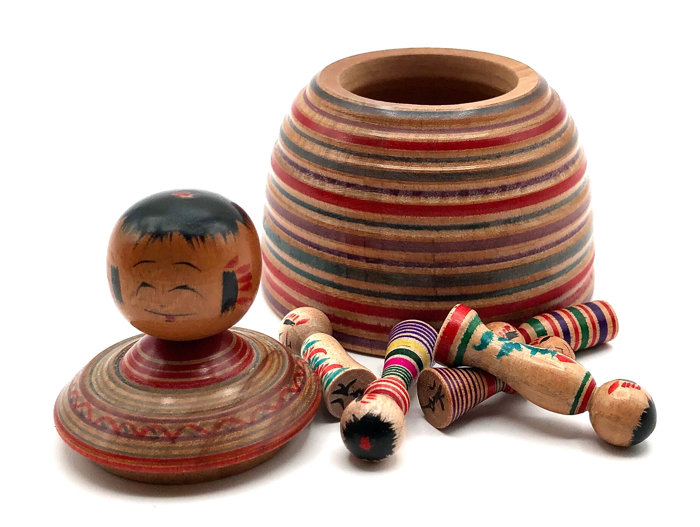 Japanese Traditional Zao Ejiko Kokeshi with Five Miniature “mame-omocha” Kokeshi by Mito, Hiroshi