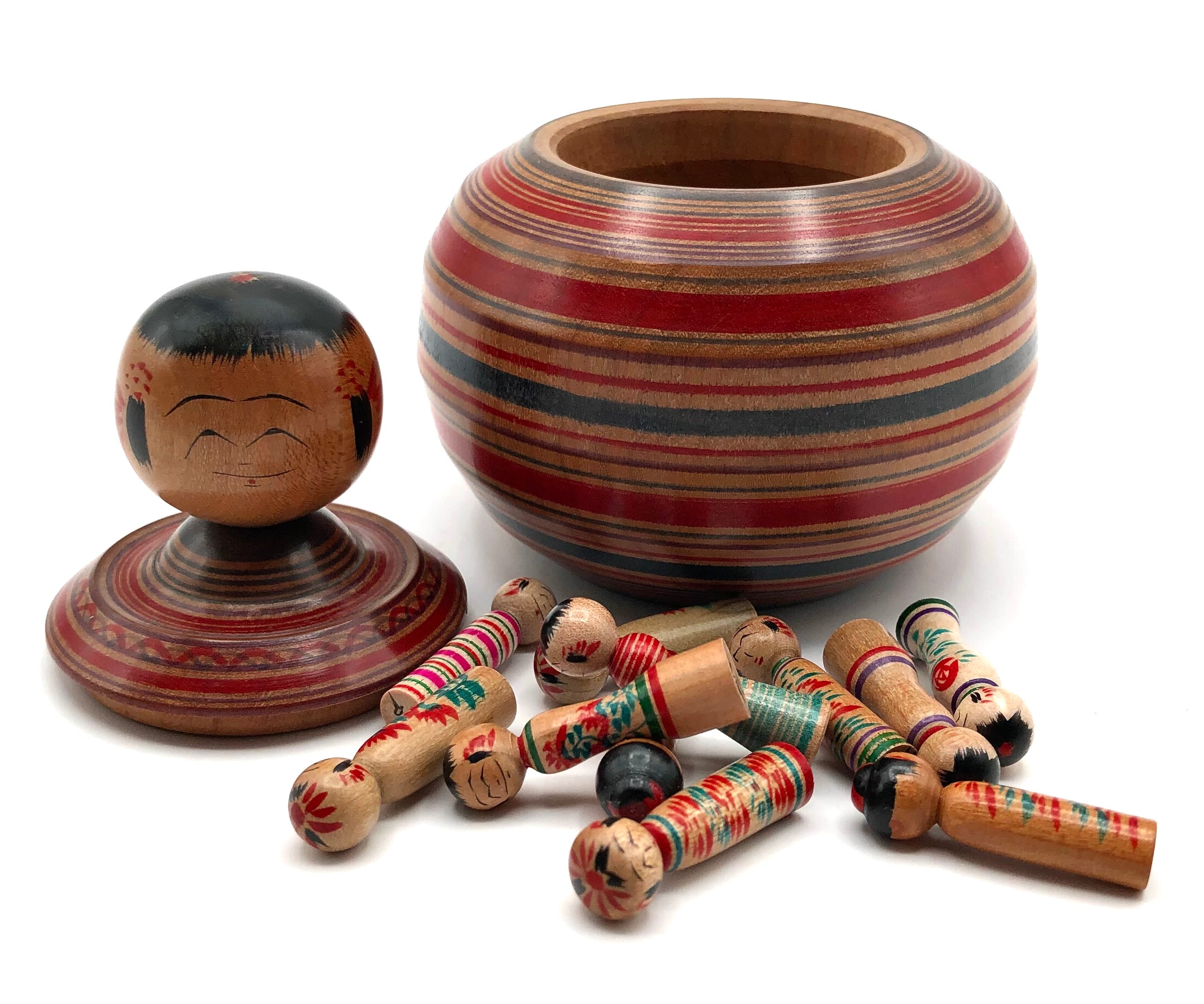 Japanese Traditional Zao Ejiko Kokeshi with Eleven Miniature “mame-omocha” Kokeshi by Mito, Hiroshi