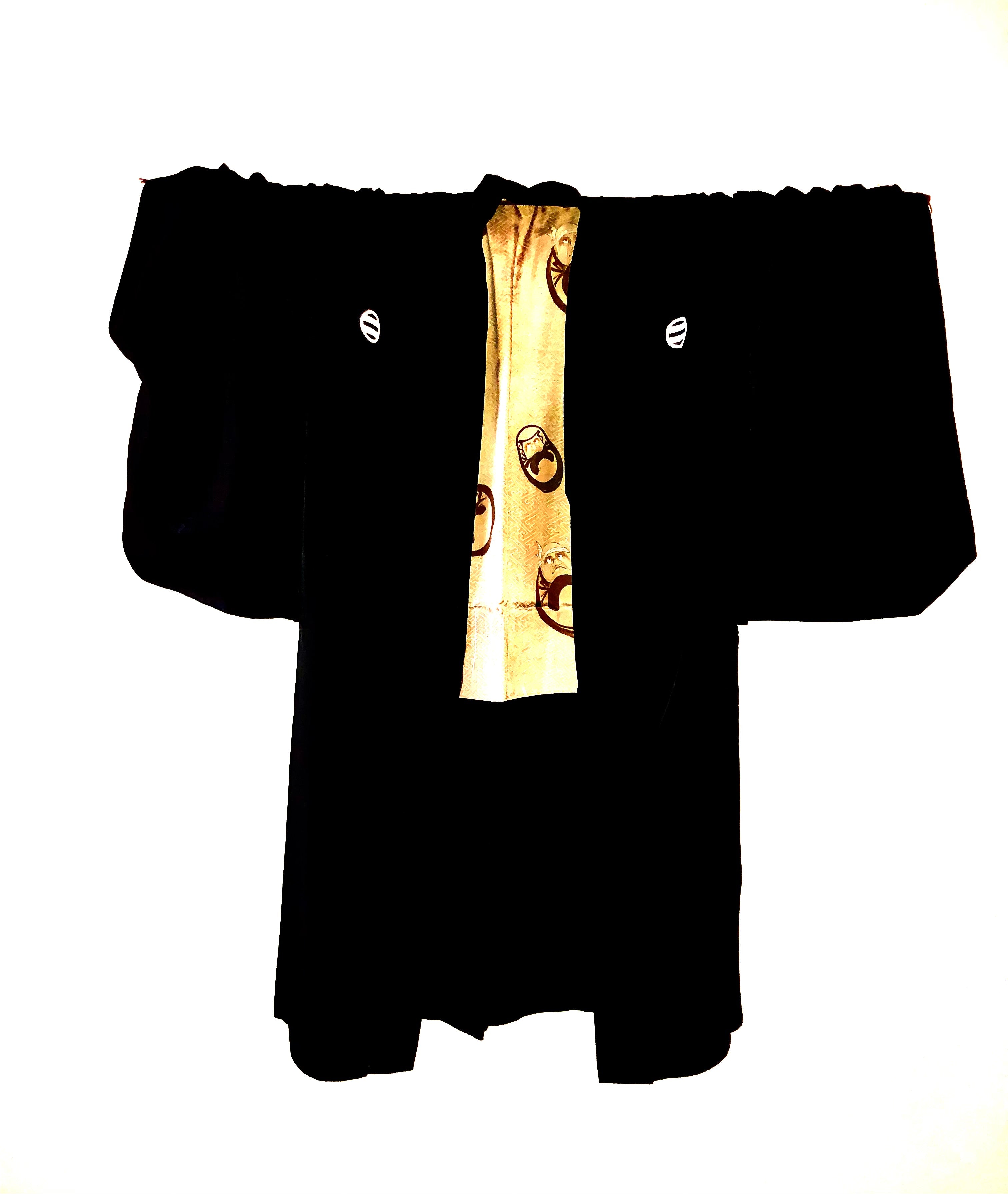 Vintage Japanese Black Ramie Haori with Khaki Habotai Silk Lining with Daruma figures