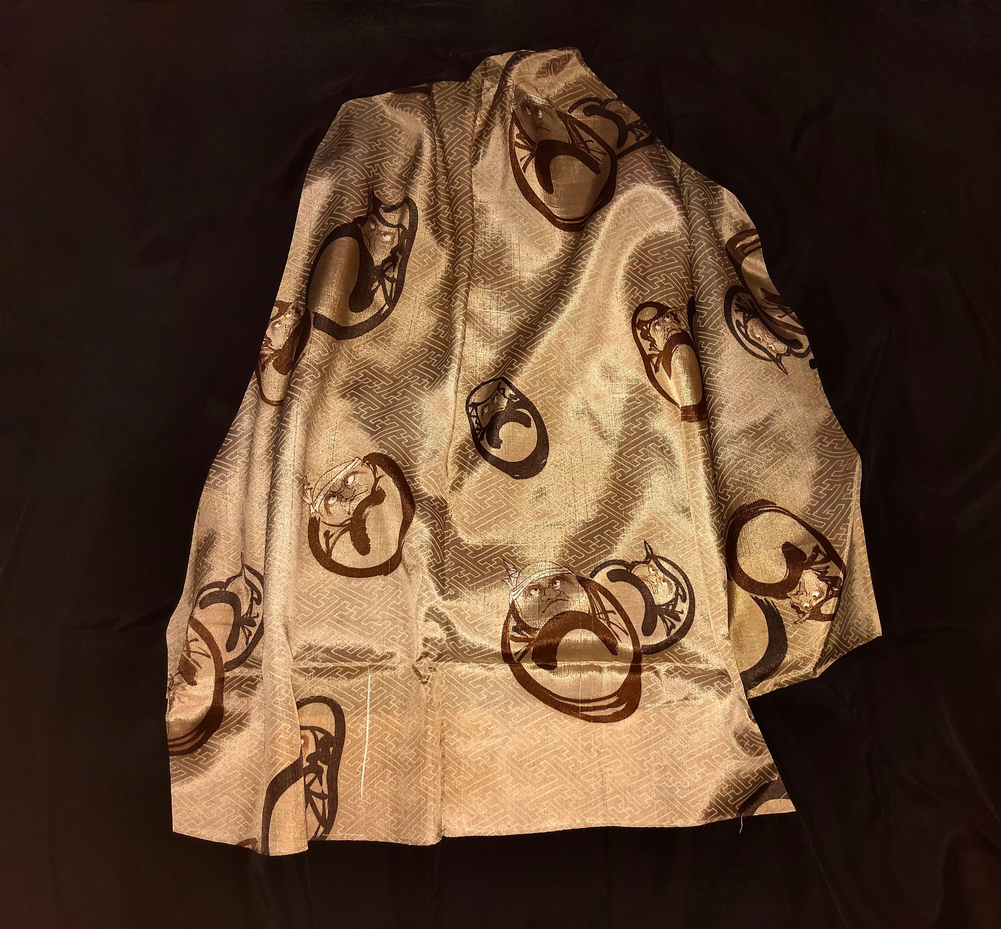 Vintage Japanese Black Ramie Haori with Khaki Habotai Silk Lining with Daruma figures