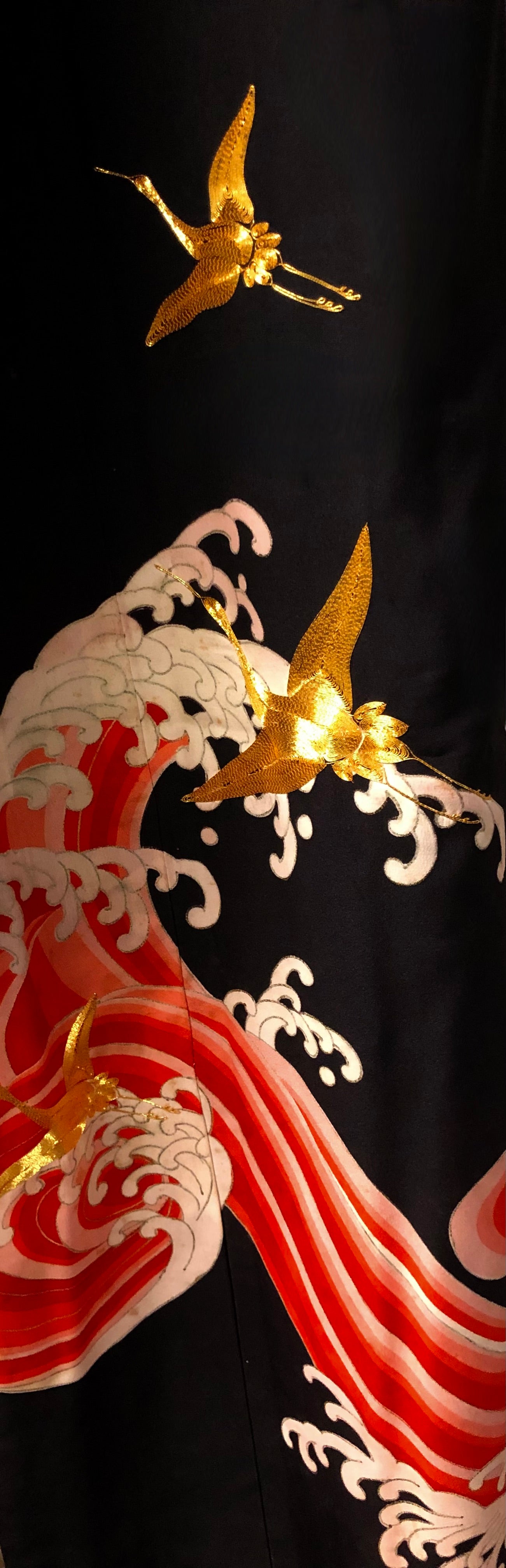 Japanese Vintage Silk Kuro-Hachijo, Tomesode Crested Kimono | Woman’s Formal Black Embroidered Cranes and Waves Kimono