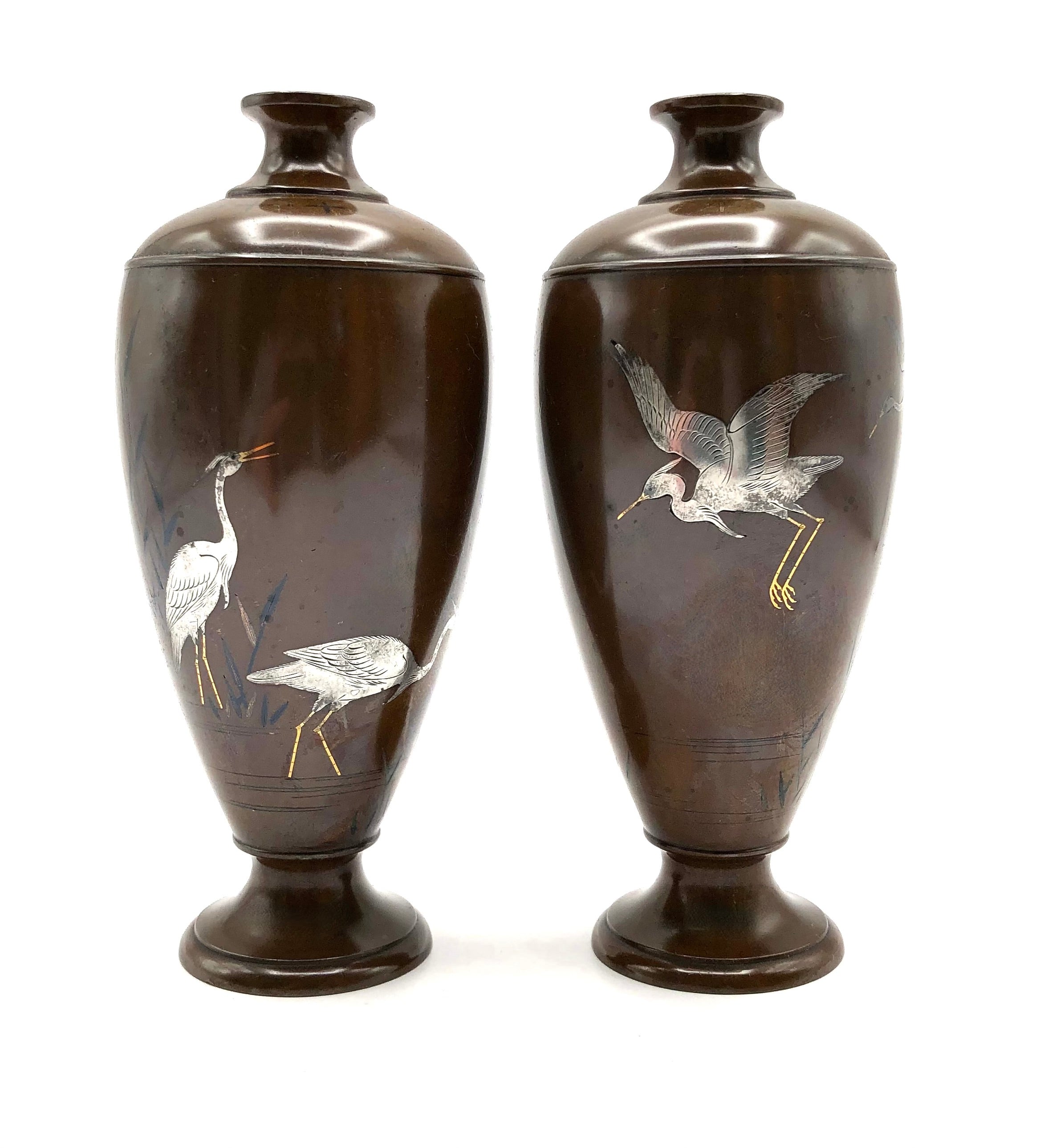 Pair of Antique Japanese Inlaid Bronze Baluster Vase with Snowy Egret Decoration in gold and silver