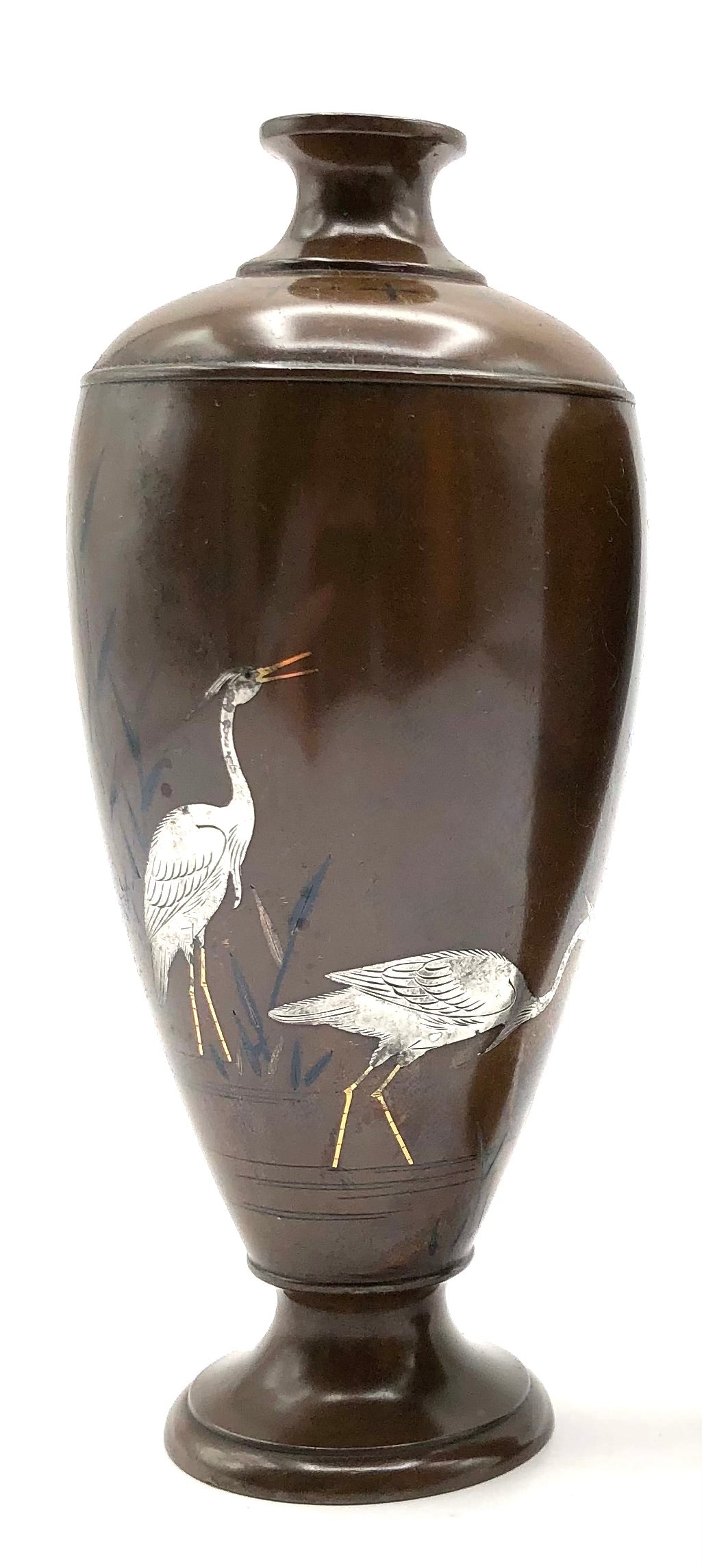 Pair of Antique Japanese Inlaid Bronze Baluster Vase with Snowy Egret Decoration in gold and silver