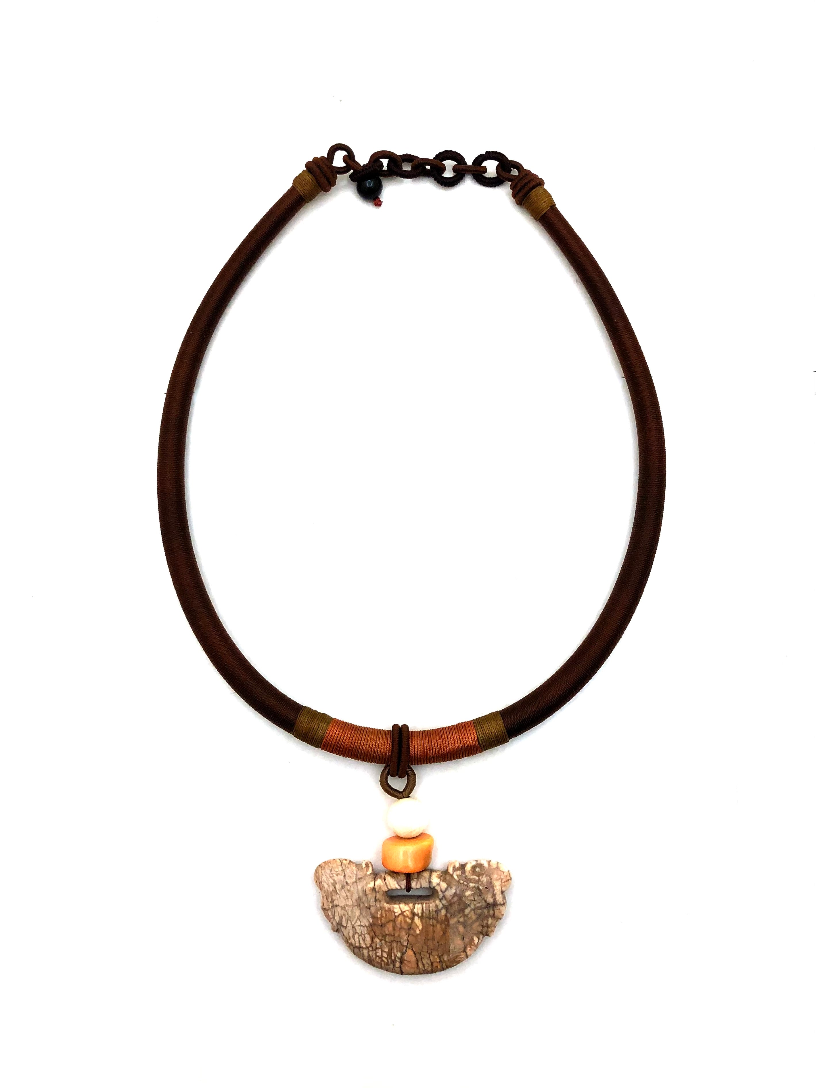 Chinese Chicken Bone Jade Pendant with Coral and Ivory Beads on Silk