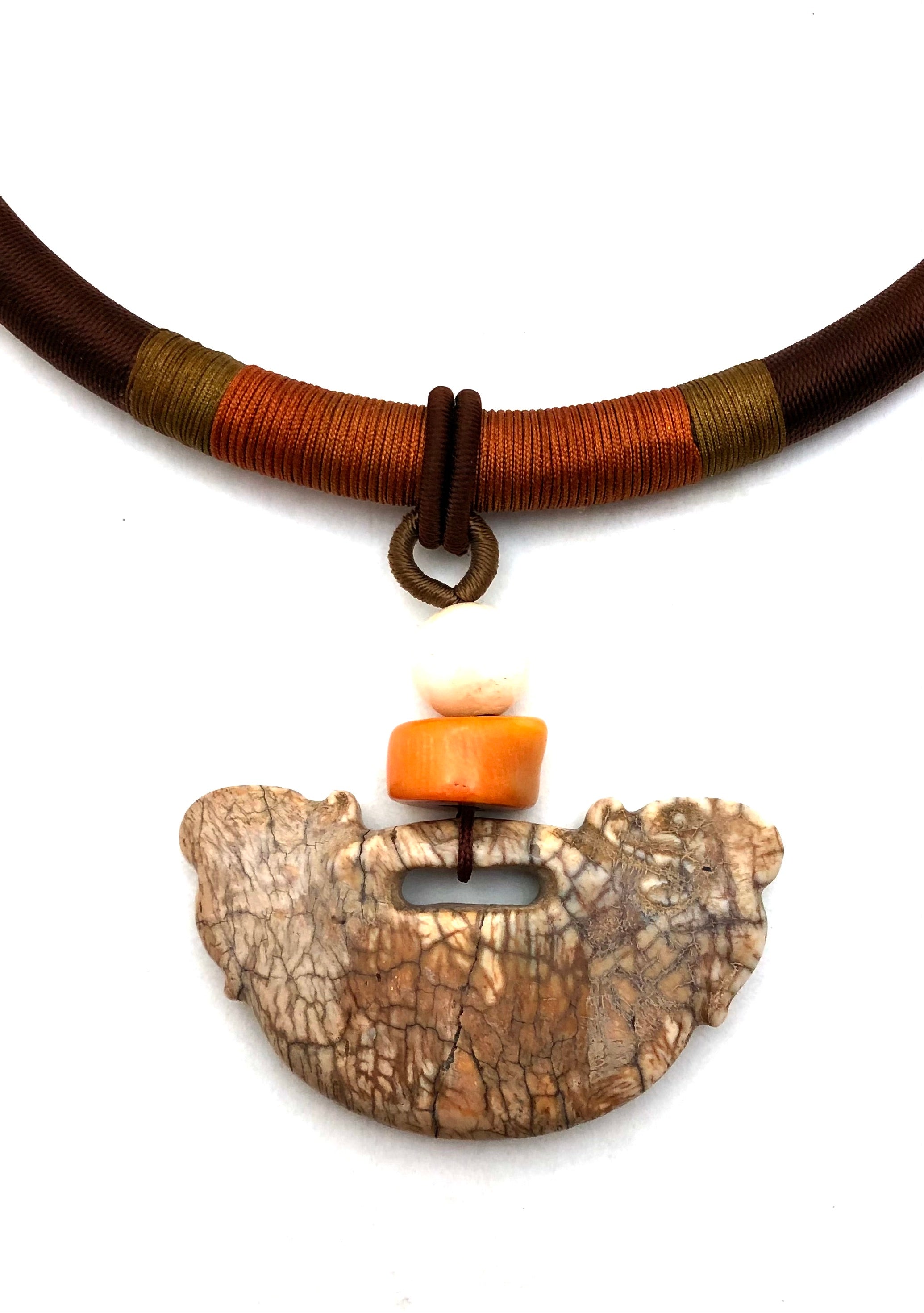 Chinese Chicken Bone Jade Pendant with Coral and Ivory Beads on Silk