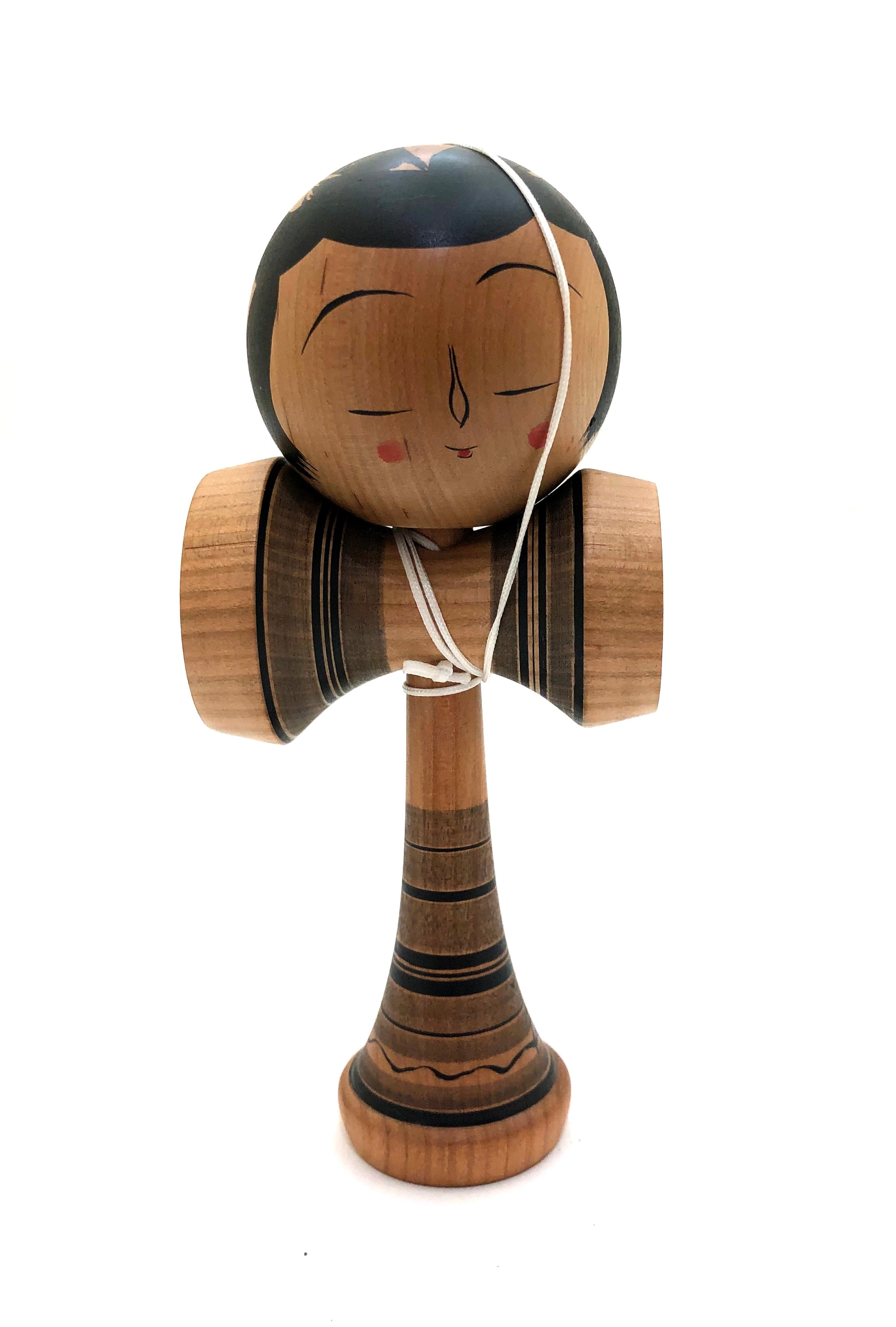 Vintage Japanese Kokeshi Kendama Toy (Nichigetsu Ball) with Yajirou-kei Head by Mamoru, Fumio, Tsuta Family