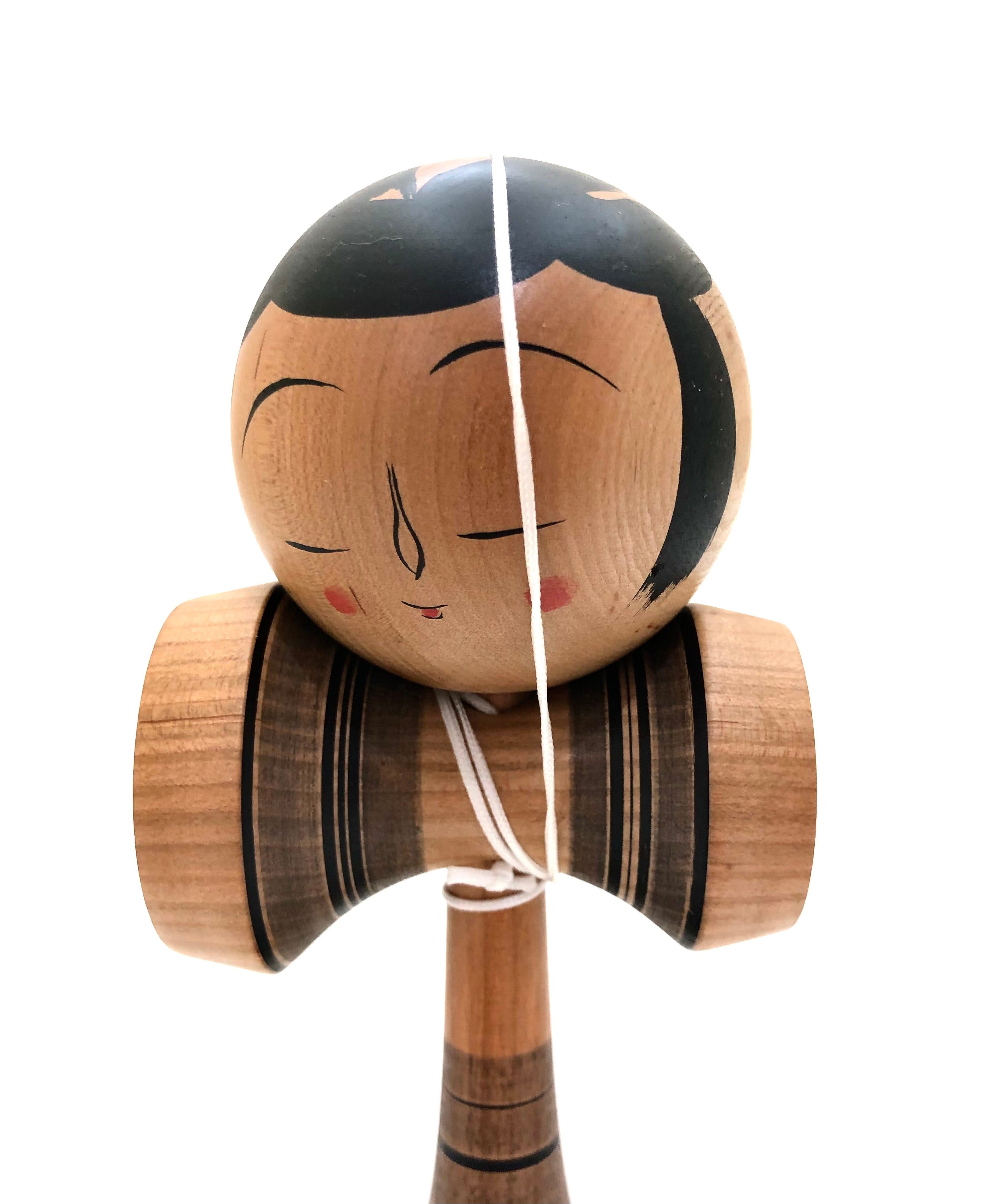 Vintage Japanese Kokeshi Kendama Toy (Nichigetsu Ball) with Yajirou-kei Head by Mamoru, Fumio, Tsuta Family