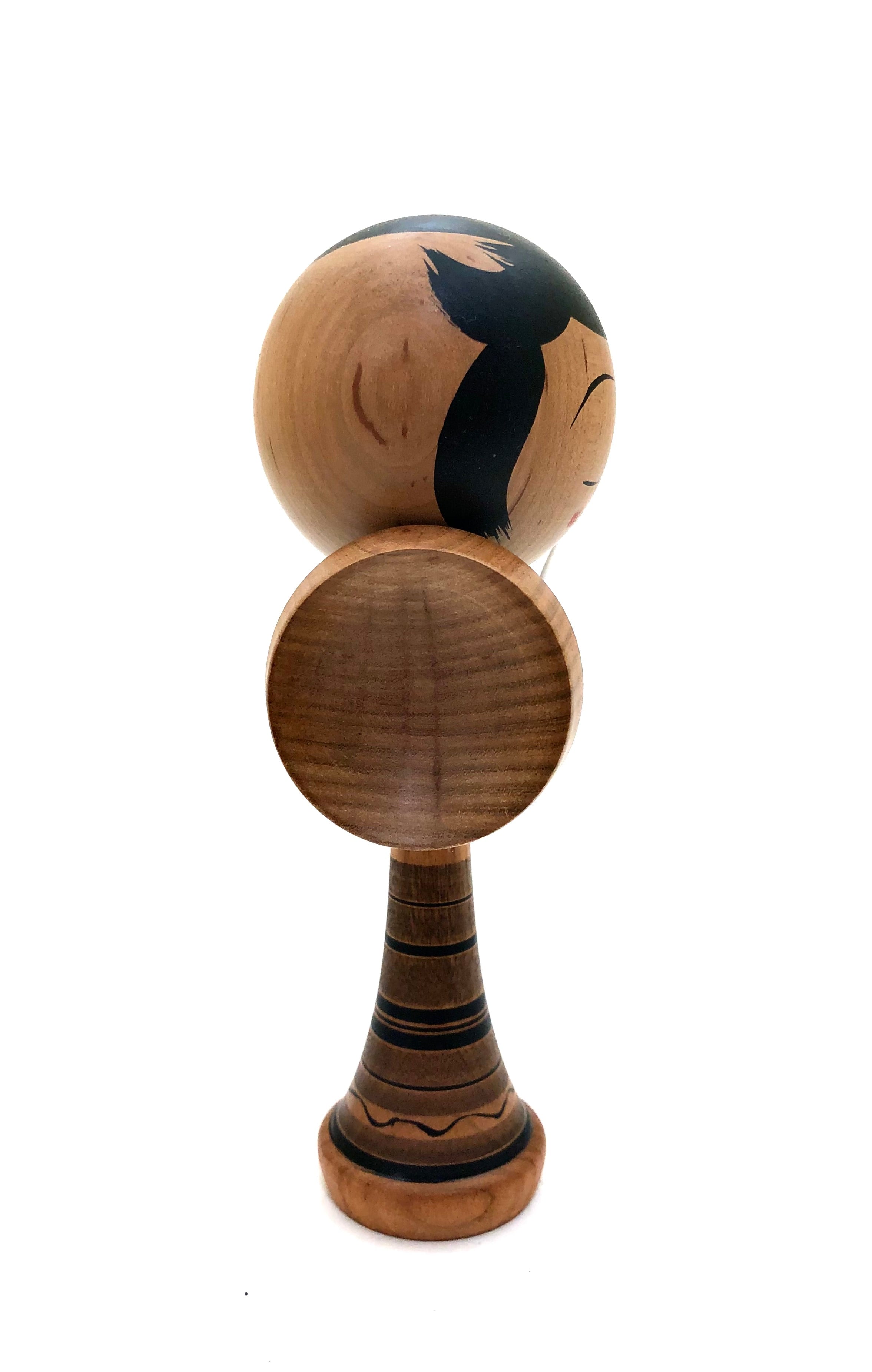 Vintage Japanese Kokeshi Kendama Toy (Nichigetsu Ball) with Yajirou-kei Head by Mamoru, Fumio, Tsuta Family
