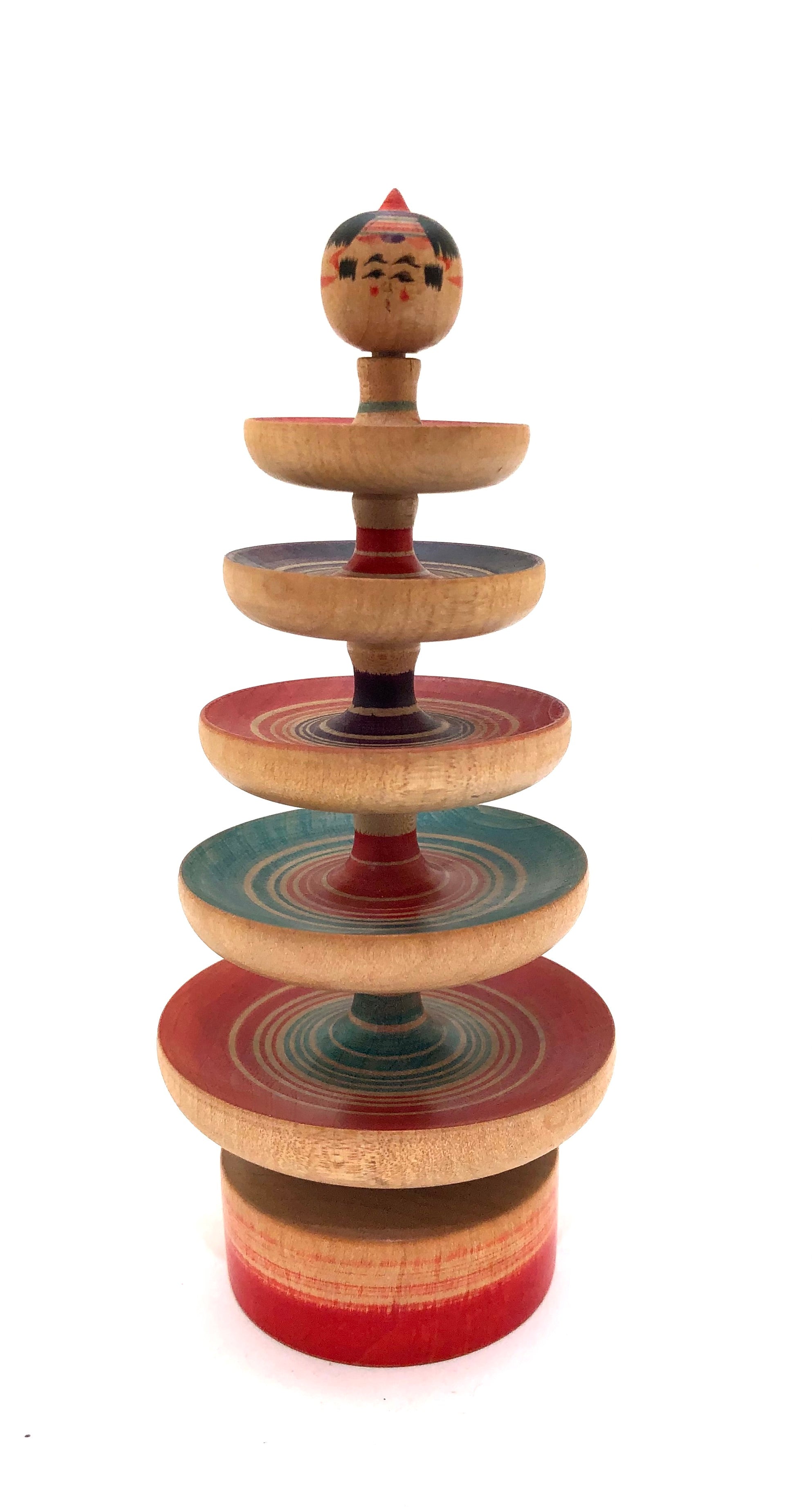 Vintage Japanese Koma Tower of Tops with Yajiro-kei Kokeshi Head by Ooizumi, Kiyomi (1936-1980)