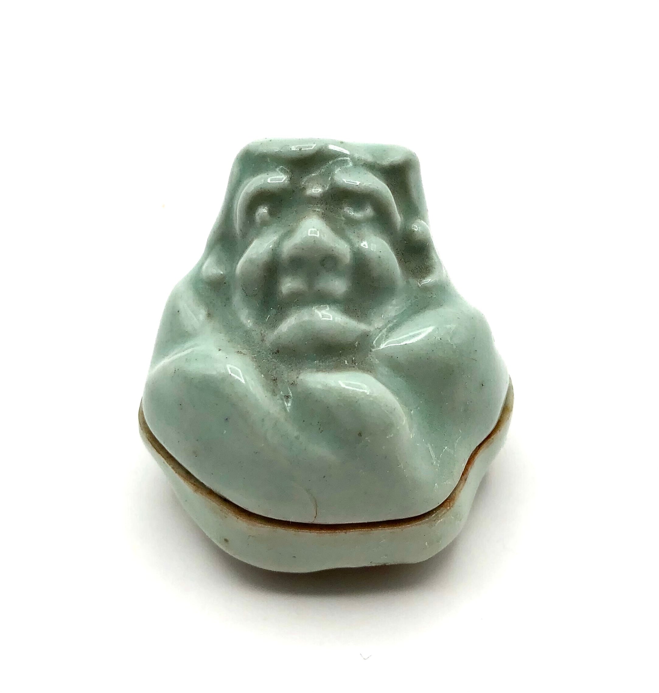 Vintage Japanese Kutani Green Glazed Kogo with the Face of Daruma | Ceramic Collectible Incense Container