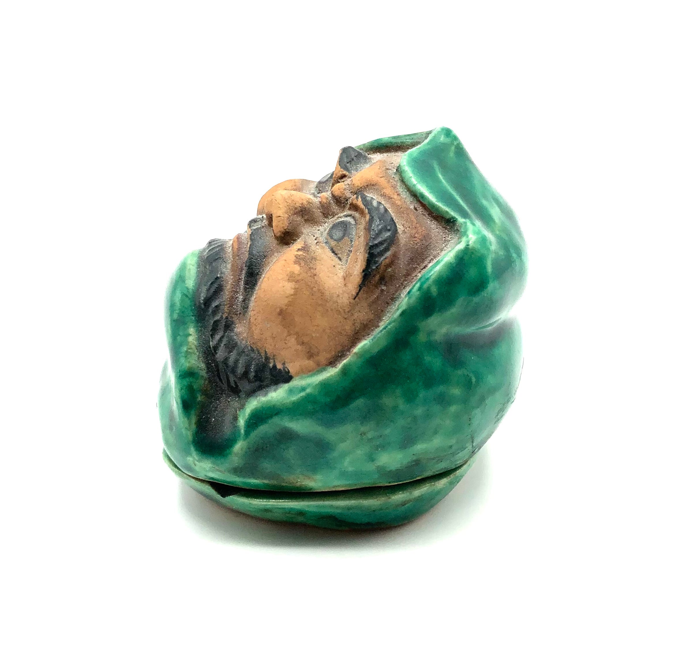 Vintage Japanese Kutani Green Glazed Kogo with the Face of Daruma