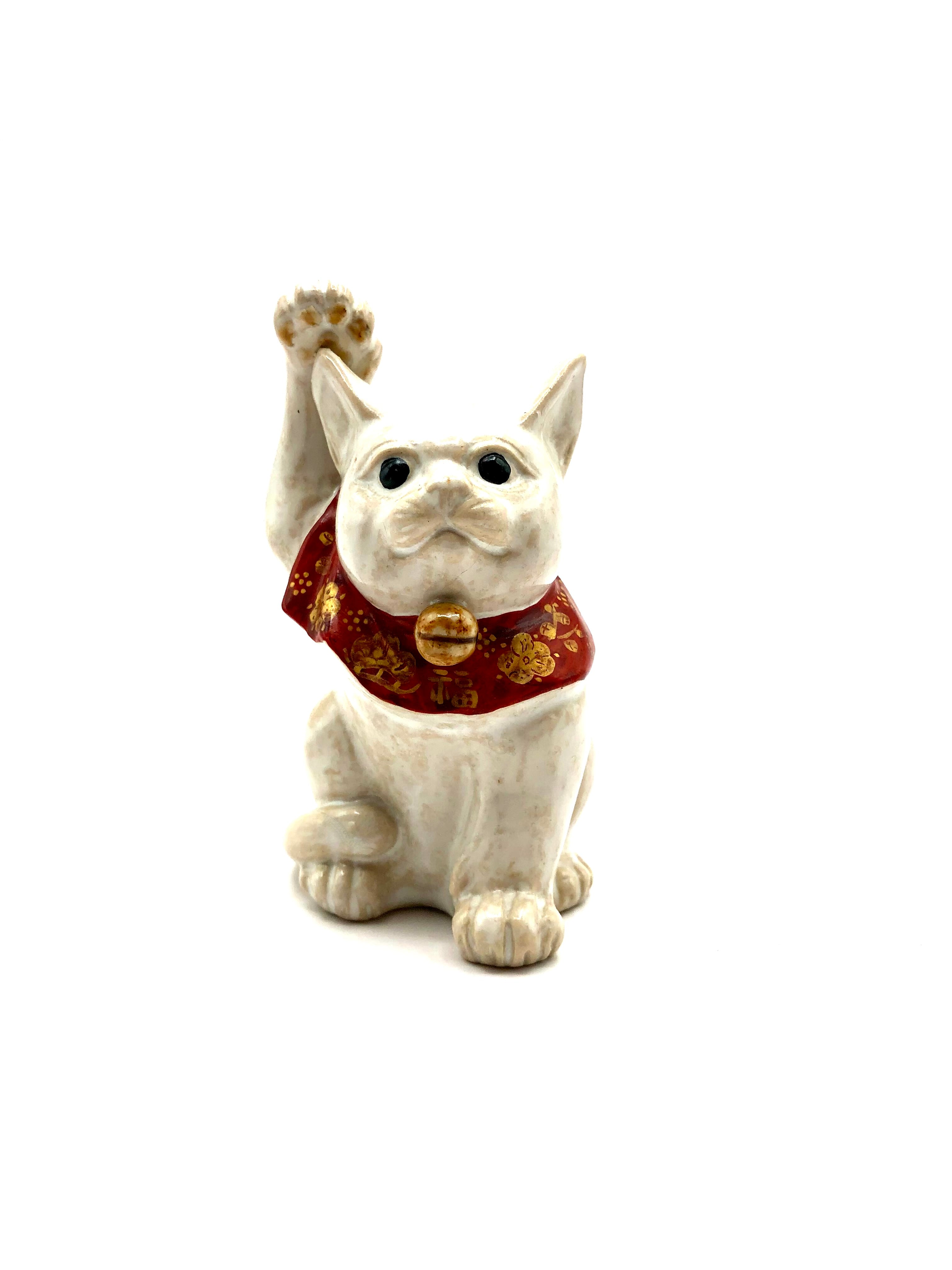 Vintage Japanese Kutani Porcelain Maneki Neko, (Lucky Cat) | “Inviting Neko” by Miyamoto, Naoki