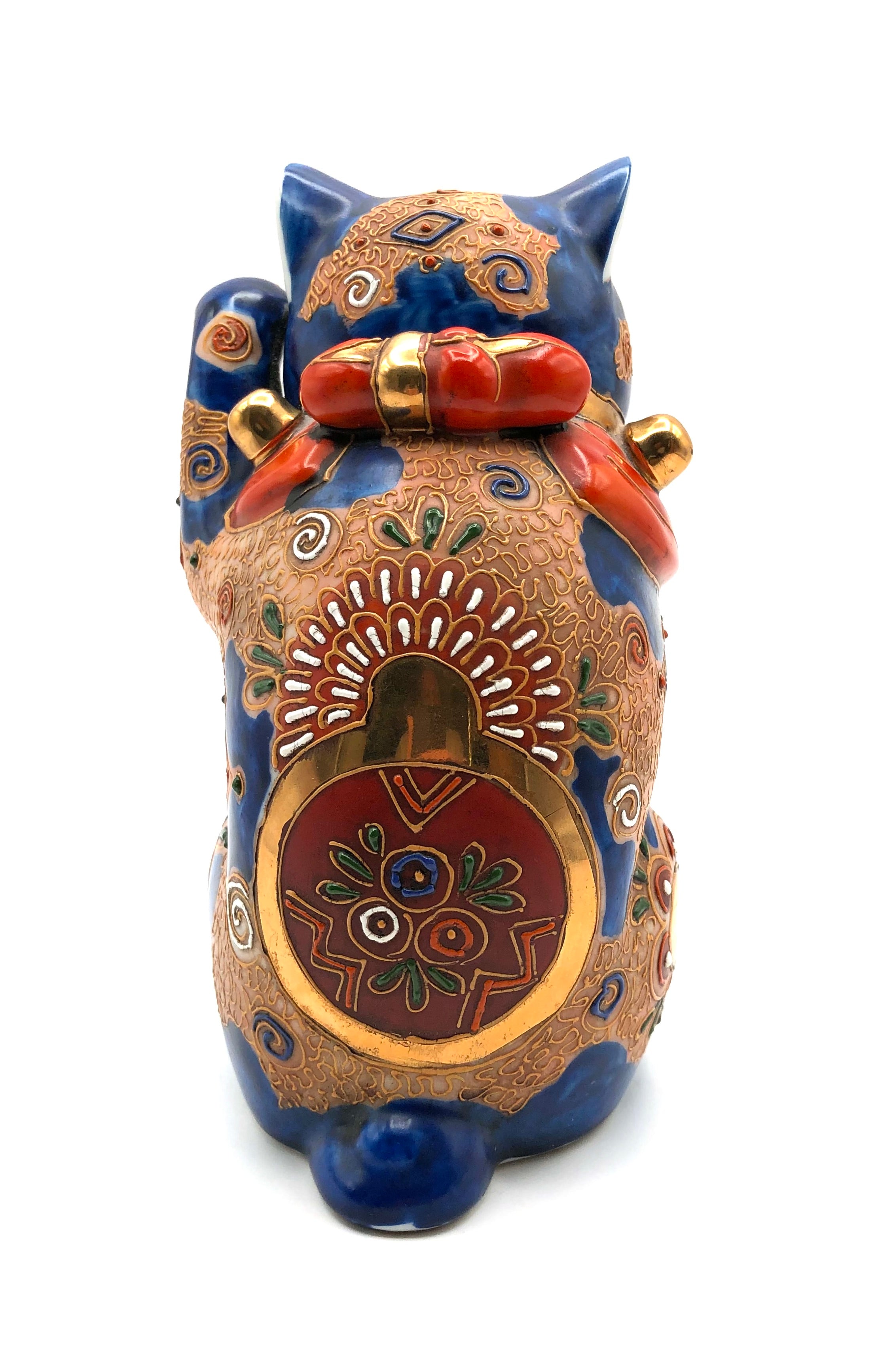 Vintage Japanese Maneki Neko, Kutani-yaki Porcelain Figurine | Raised Moriage Auspicious Art