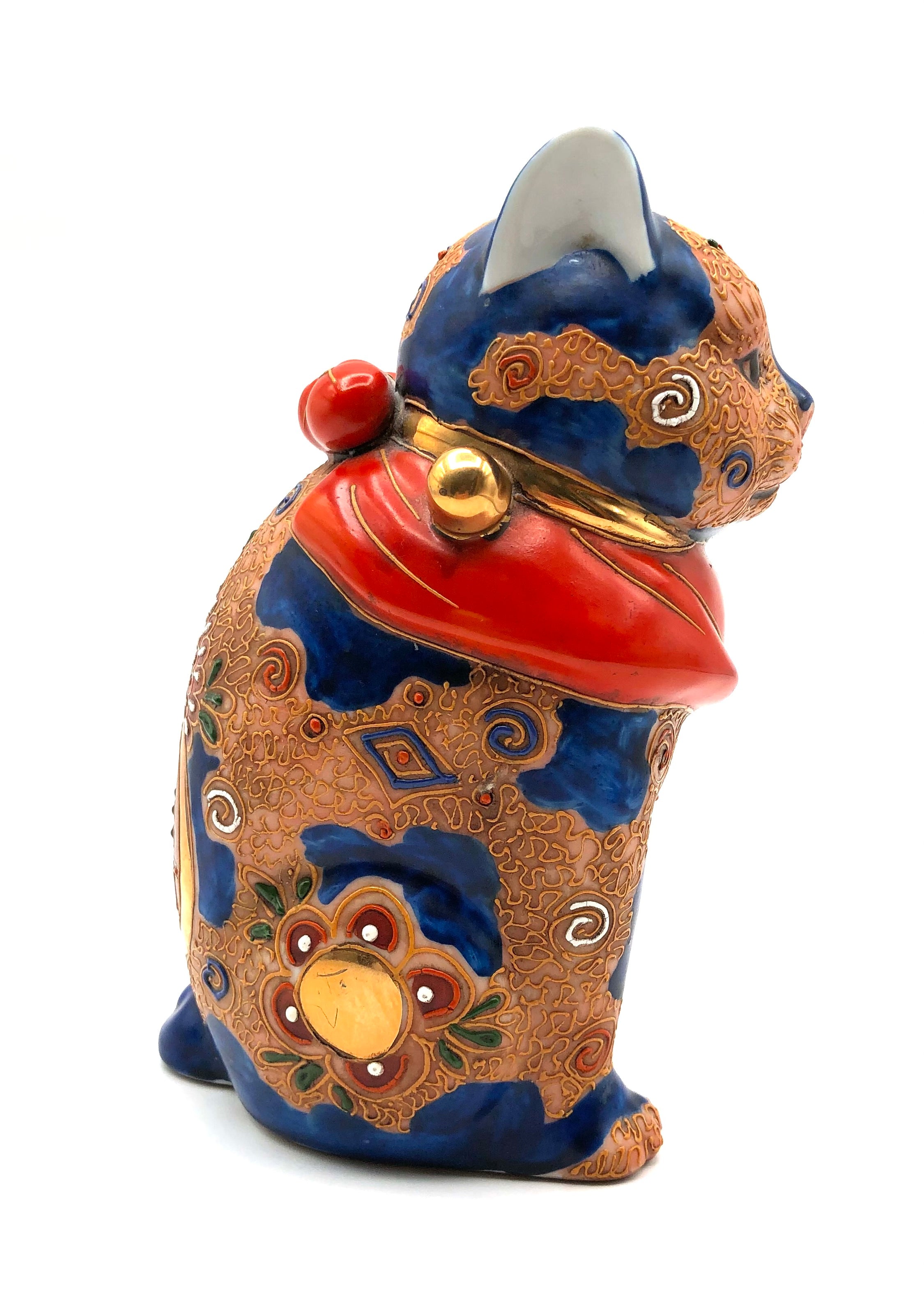 Vintage Japanese Maneki Neko, Kutani-yaki Porcelain Figurine | Raised Moriage Auspicious Art