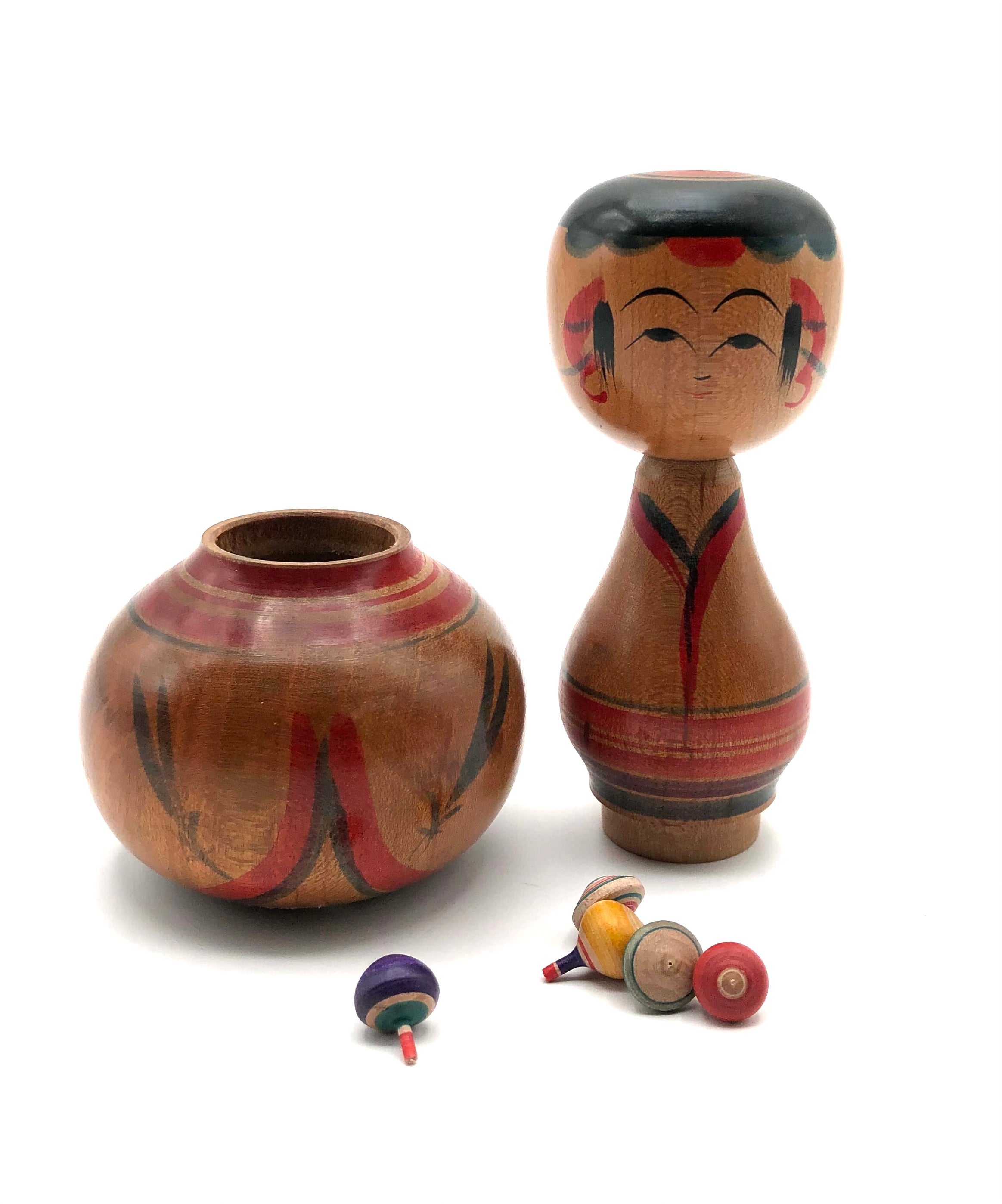 Vintage Japanese RARE Yajirou Ejiko Container with Miniature Spinning Tops | Koma by Ooizumi, Kiyomi (1936-)