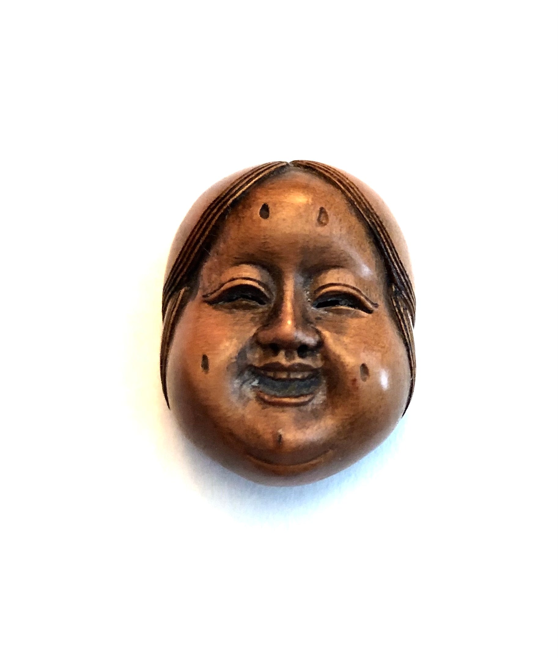 Antique Japanese Meiji Boxwood Mennetsuke Mask of Otafuku