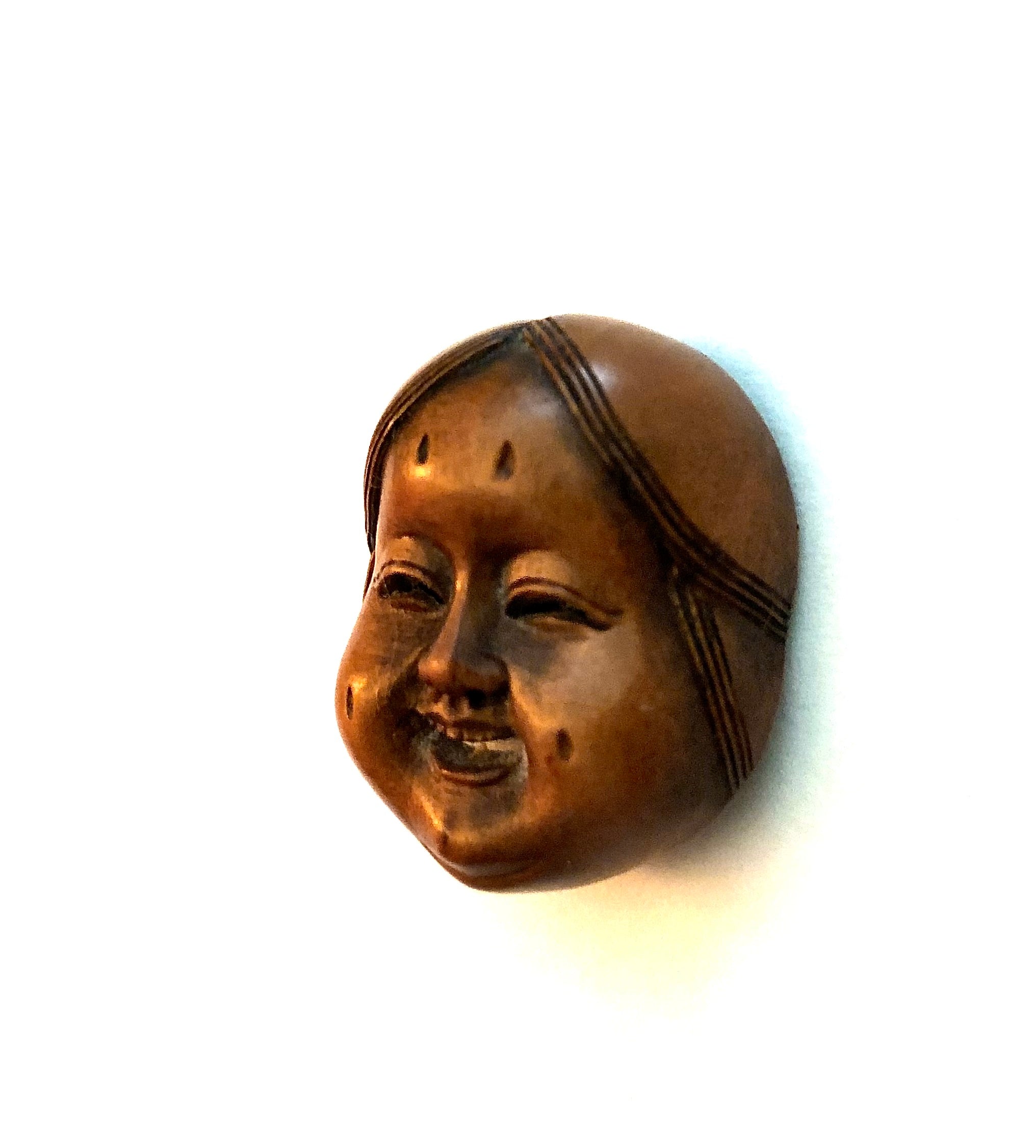 Antique Japanese Meiji Boxwood Mennetsuke Mask of Otafuku