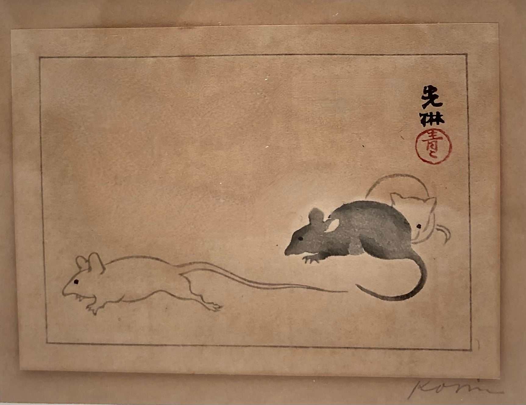 Antique Japanese Woodblock Print Set entitled: Three Mice_Three Puppies by KORIN, OGATA