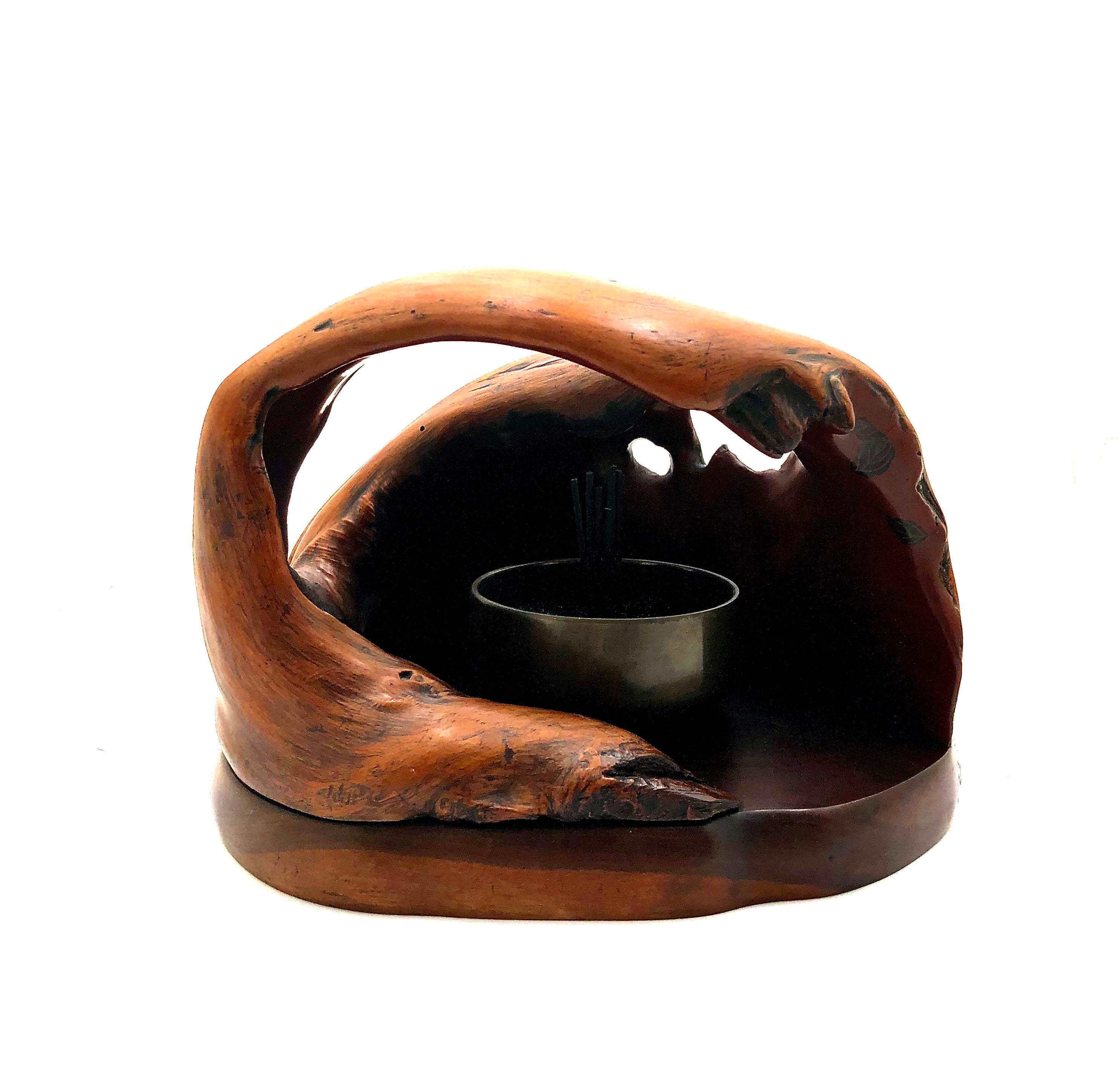 Antique Japanese Natural Organic Wood Burl Ikebana Container | Incense Koro