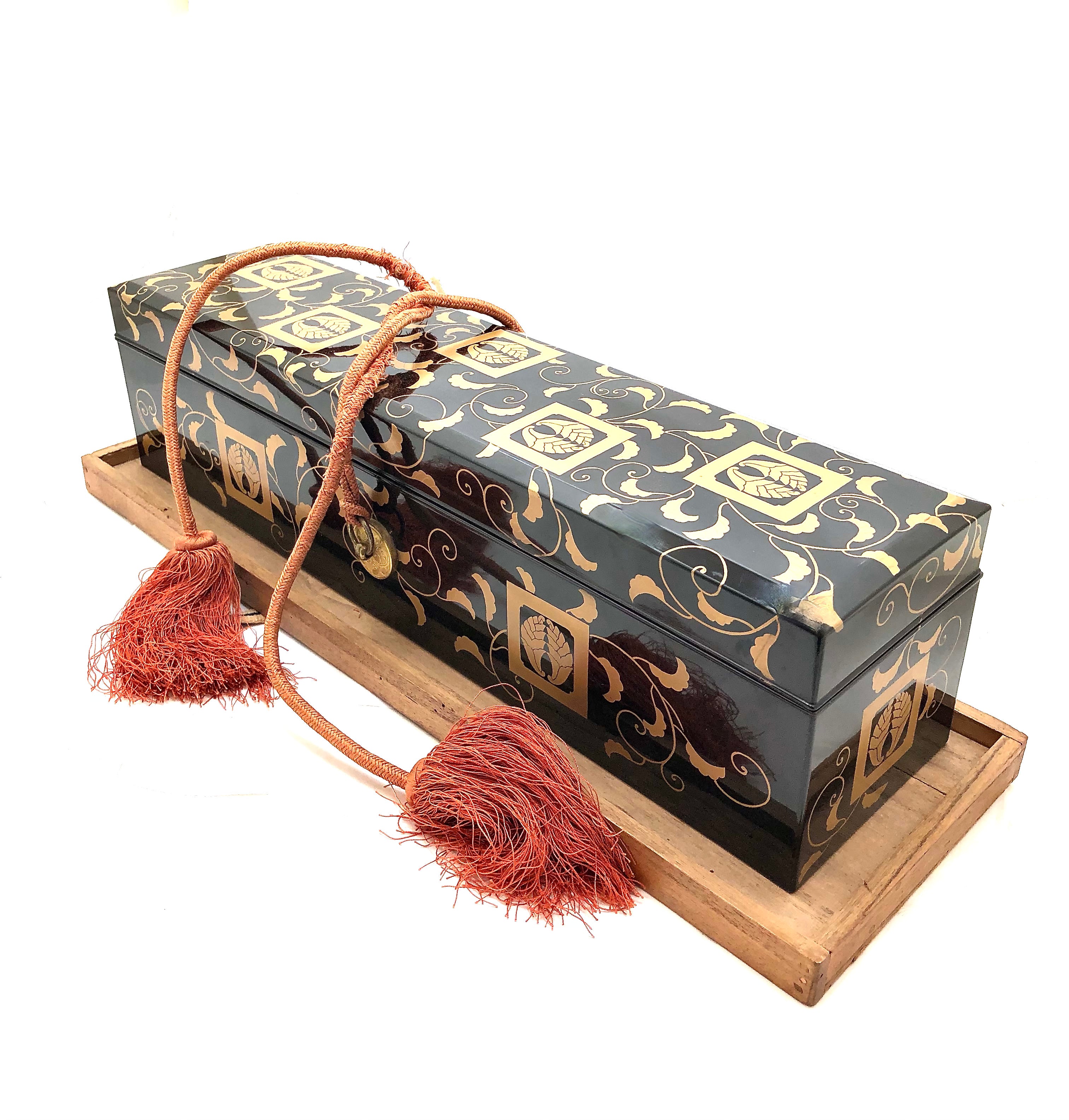 Antique Japanese Black Lacquer Buddhist FUMIBAKO (Document Box) with Gold Maki-e Design | Meiji Period