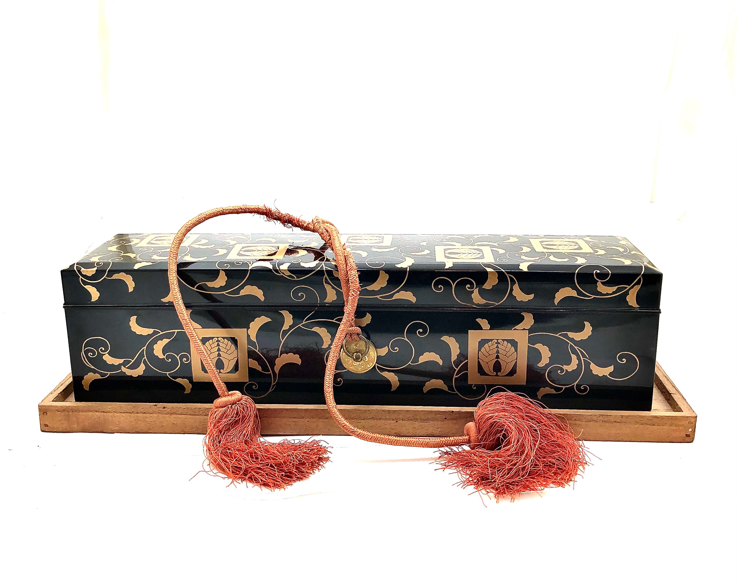 Antique Japanese Black Lacquer Buddhist FUMIBAKO (Document Box) with Gold Maki-e Design | Meiji Period