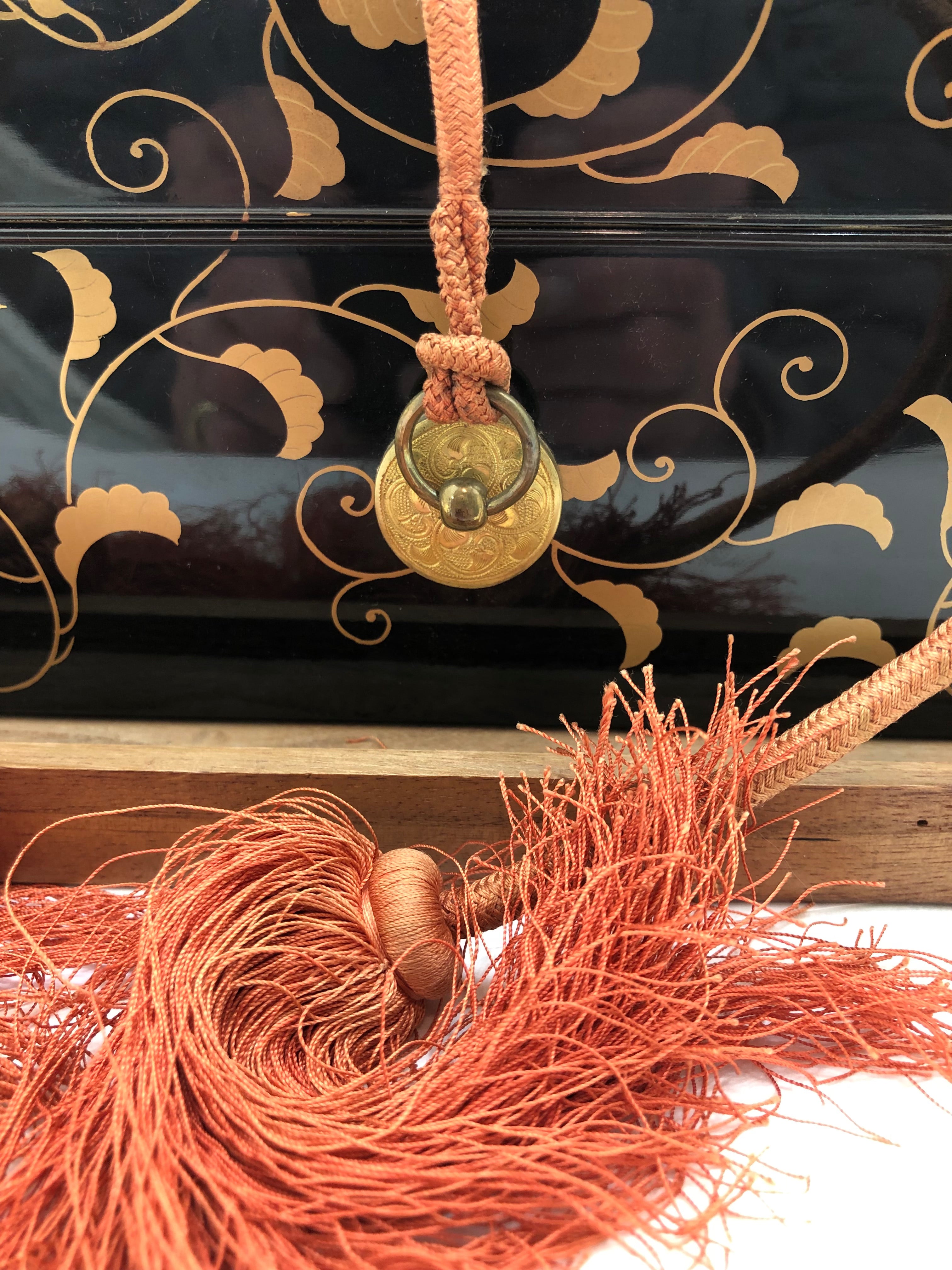 Antique Japanese Black Lacquer Buddhist FUMIBAKO (Document Box) with Gold Maki-e Design | Meiji Period