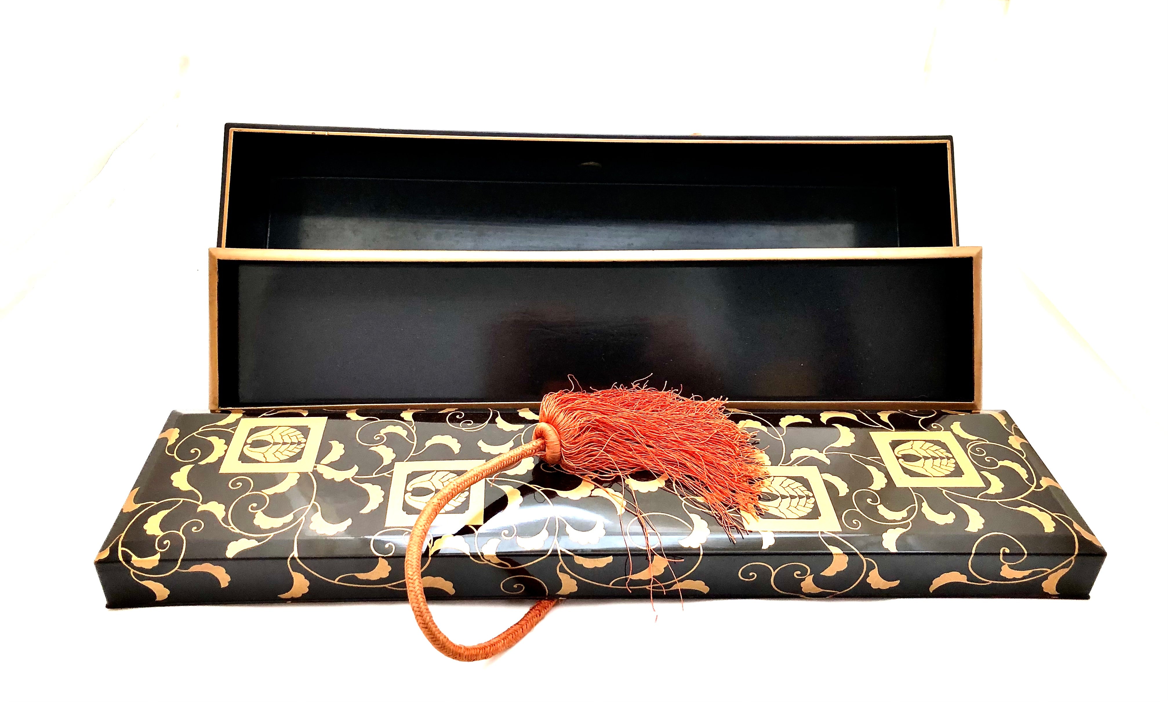 Antique Japanese Black Lacquer Buddhist FUMIBAKO (Document Box) with Gold Maki-e Design | Meiji Period