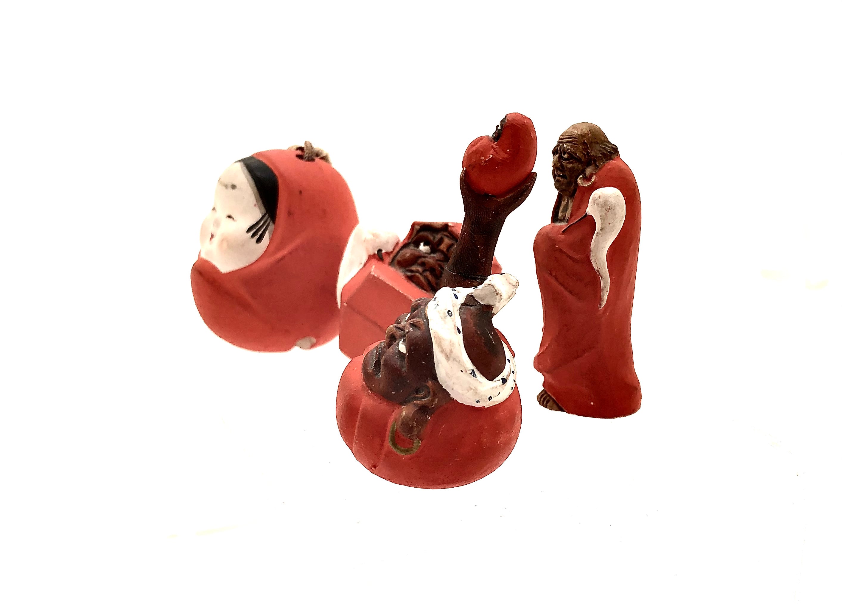 Vintage Japanese Miniature Daruma Daishi Figures and Hime-Daruma Bell by Hashiyama