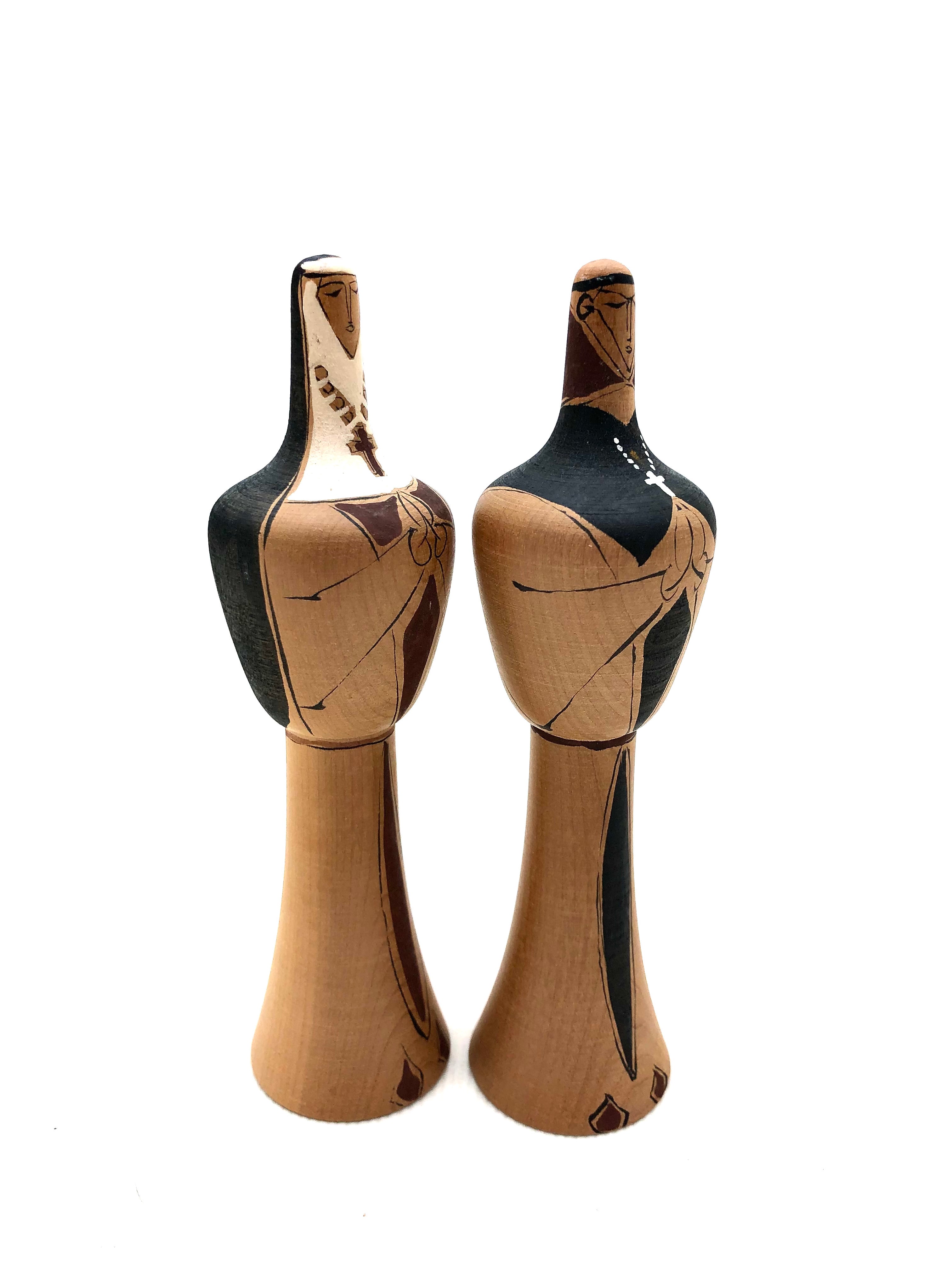 Vintage Japanese Lathe-Turned Kokeshi of Trappist Nuns | Monastery & Convent Hakodate, Hokkaido Carving by Nemoto Mogura