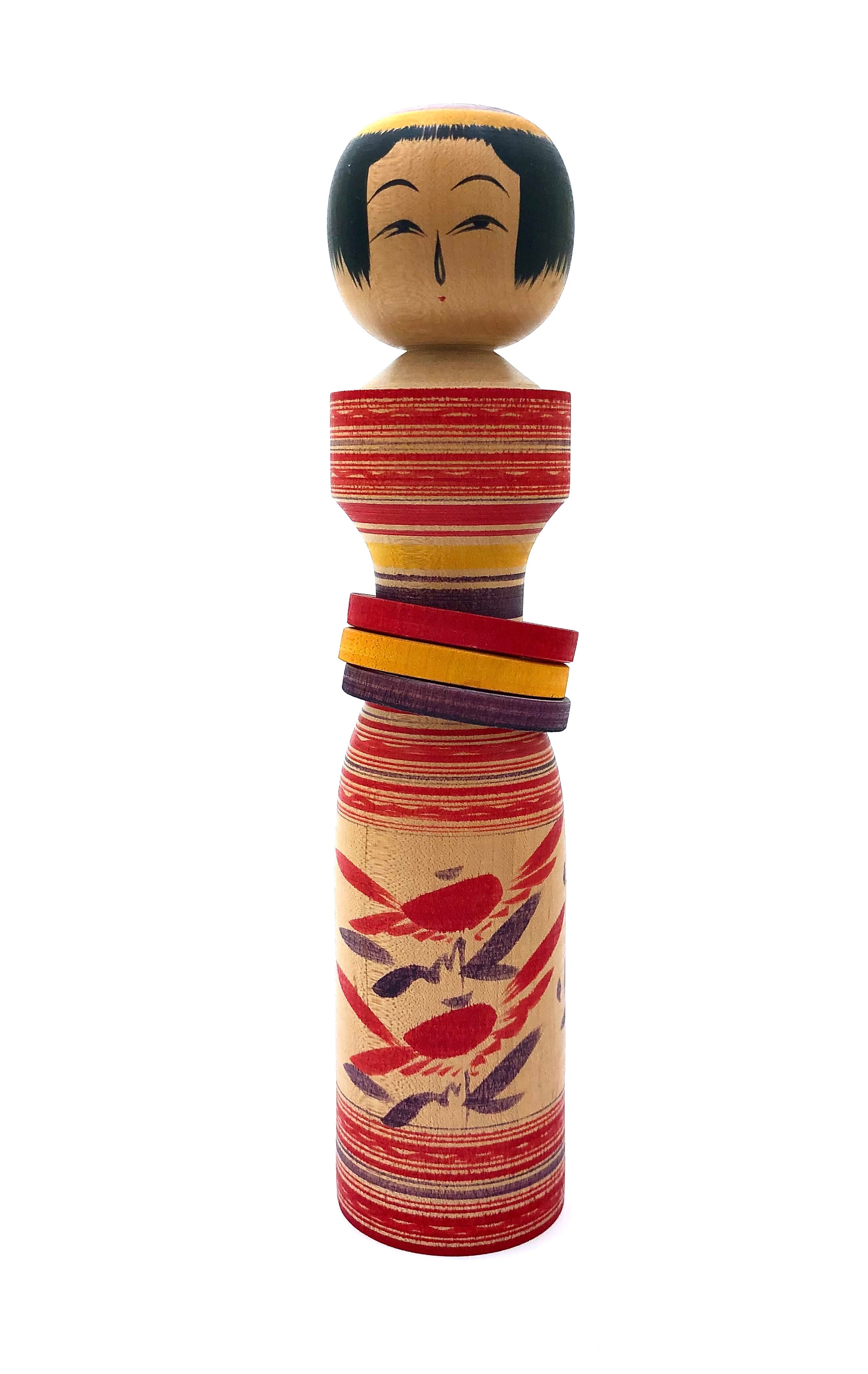 Vintage Traditional Sakunami Style Kokeshi with Rings by Hiraga, Teruyuki