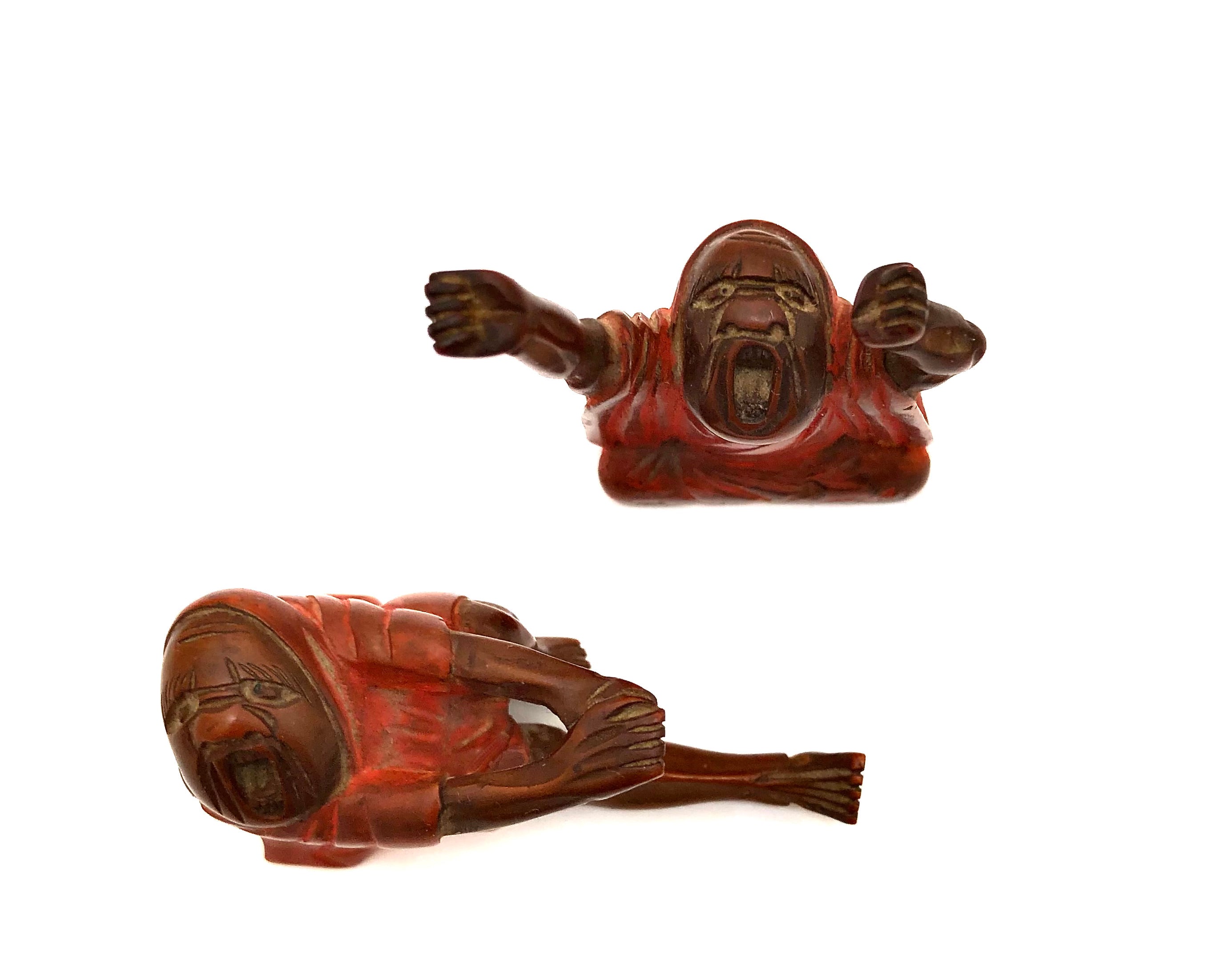 Japanese Meiji Era Daruma Okimono / Boxwood Netsuke: Shinbutsu Awakening Daruma Figures | Rare Items