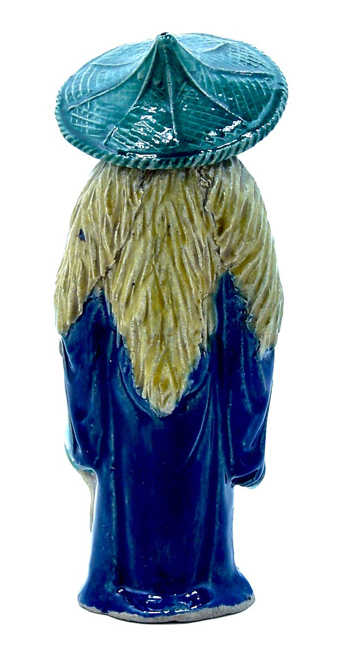Antique Chinese Republic Shiwan (Shekwan) Pottery | Standing Fisherman with Pipal (Raincoat)
