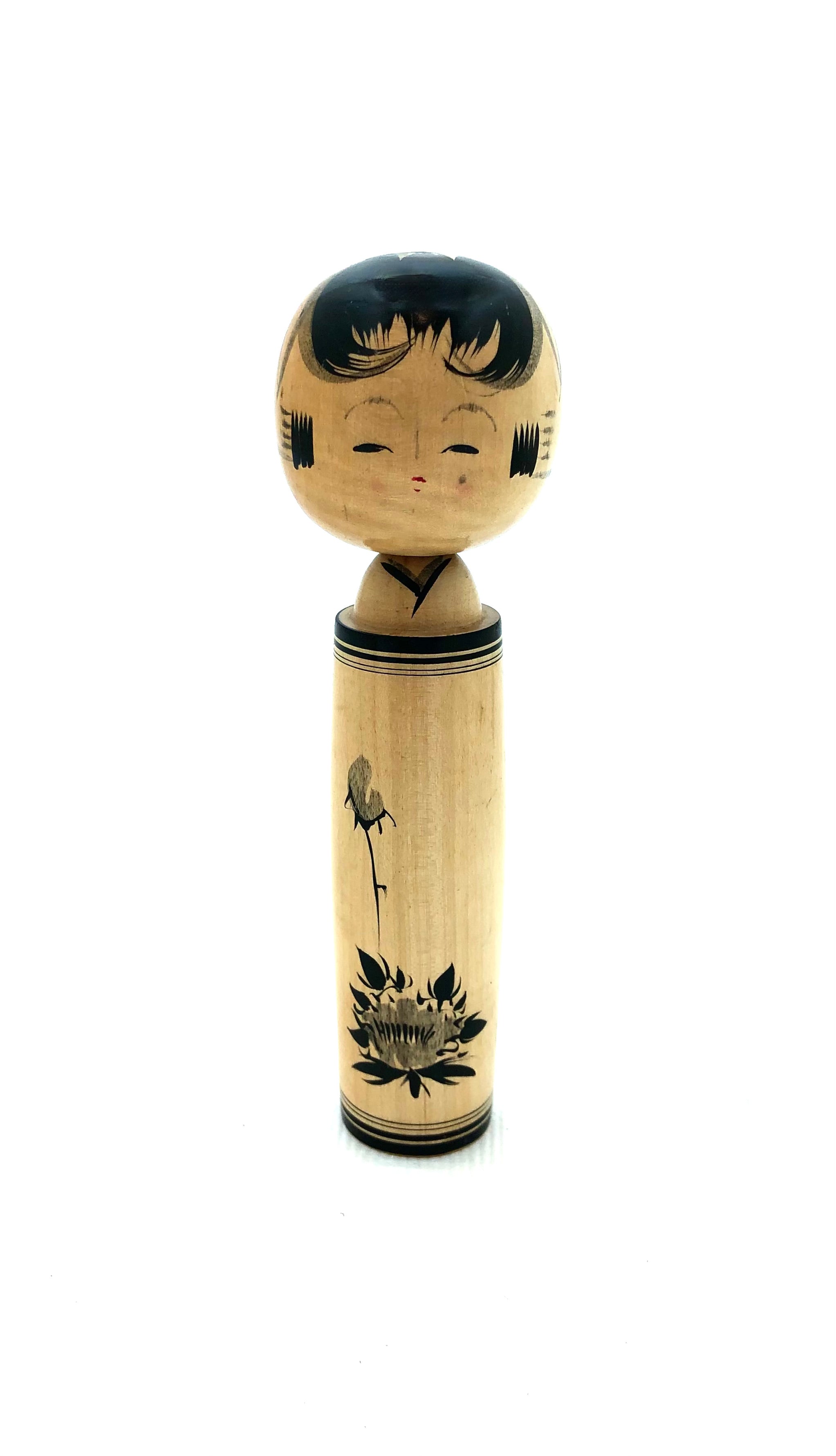 Vintage Sosaku Kokeshi Entitled Black Peony, (Kuro Botan) by Kanazawa, Tokushie