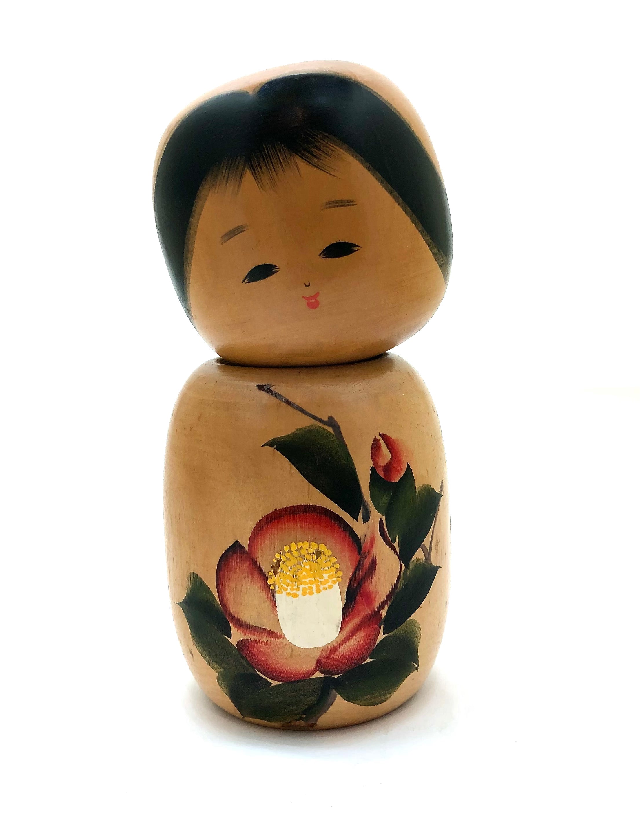 Vintage Sosaku Kokeshi entitled: Winter Camellia, (Kantsubaji) by Sato, Koson (A.K.A. Komura)