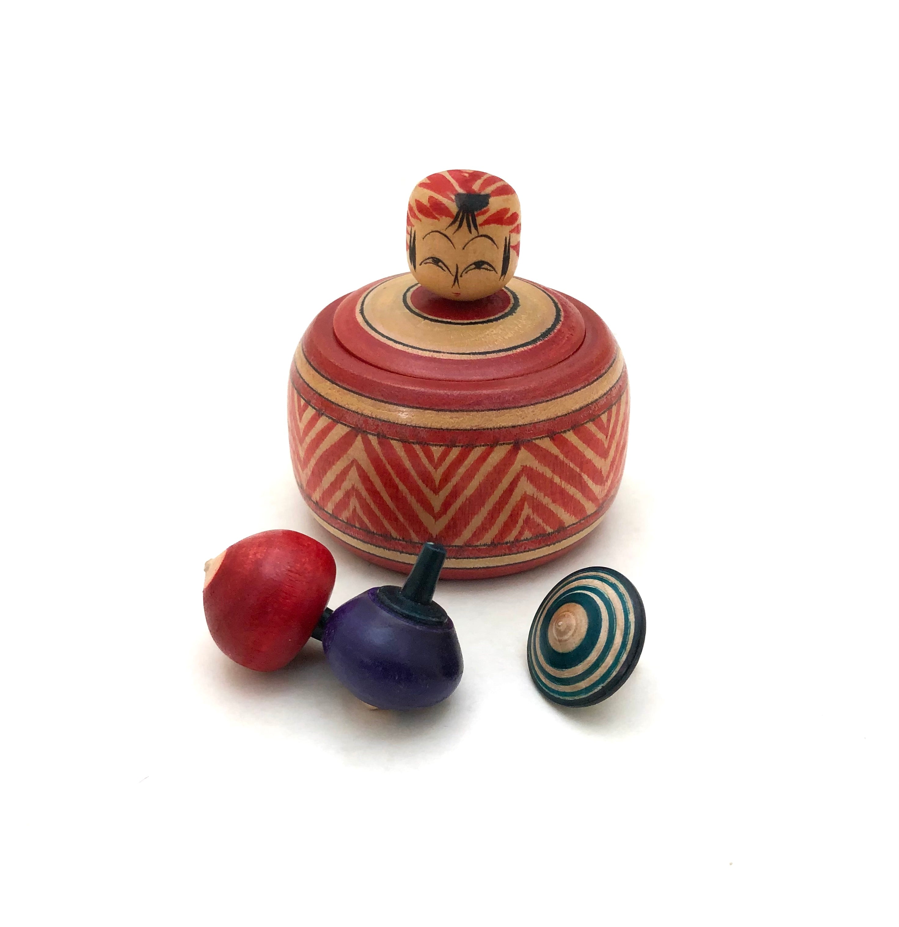 Traditional Tougatta Ejiko Kokeshi with Koma-Tops  by Sato, Kazuo