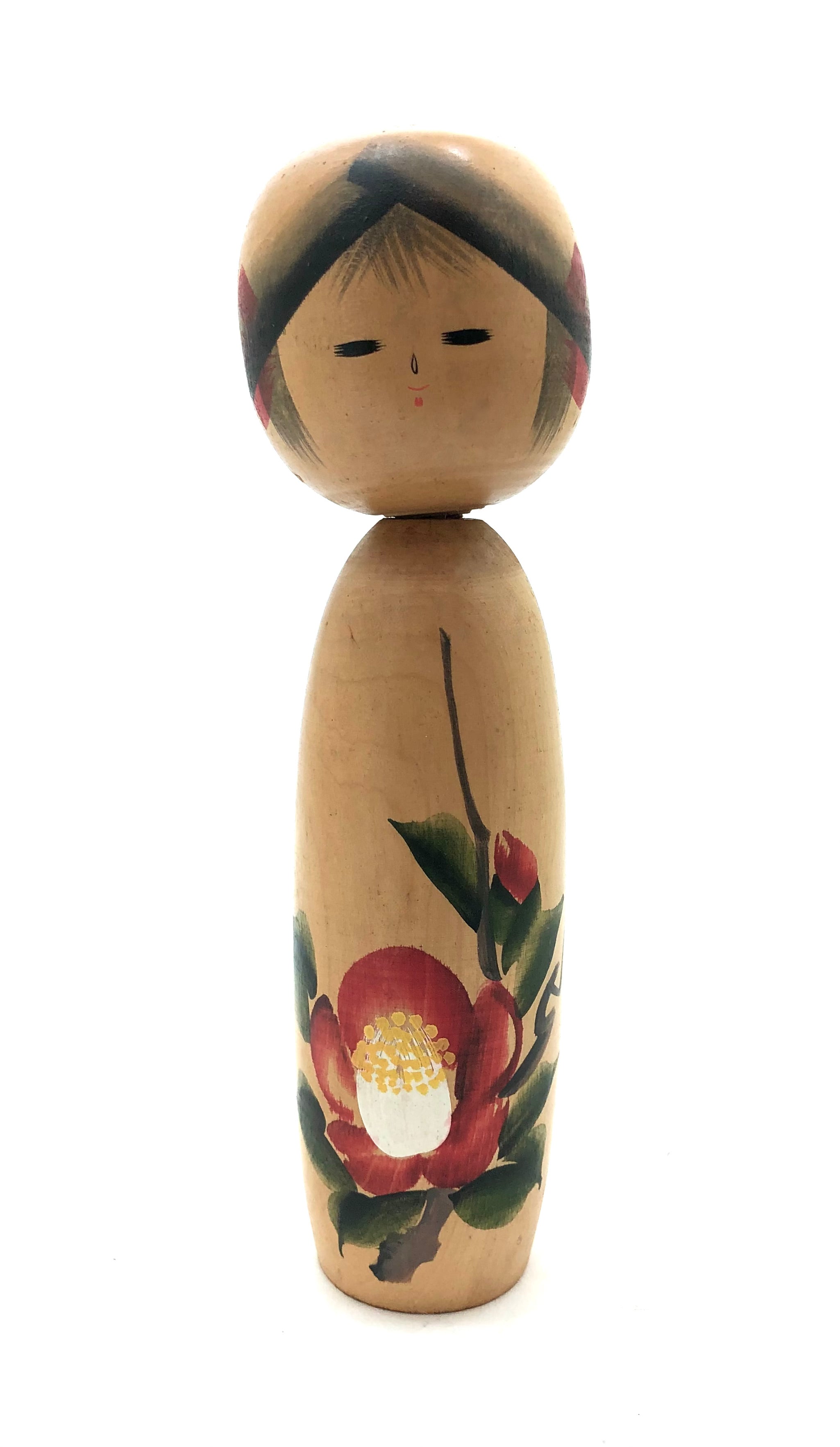 Vintage Sosaku Kokeshi Entitled, “Winter Camellia | Kantsubaki ” by Sato Kouson (A.K.A. Komura)