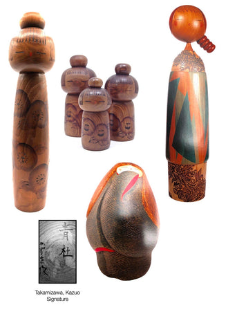 Vintage Sosaku Kokeshi Dolls by artist Takamizawa, Kazuo